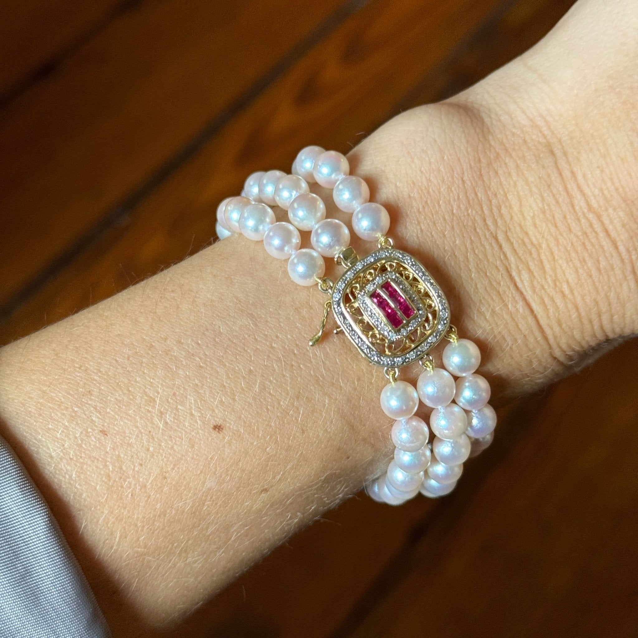 14K Gold Triple Strand Pearl Ruby & Diamond Bracelet with Secure Clasp - Elegant Jewelry for Weddings, Parties & Special Occasions