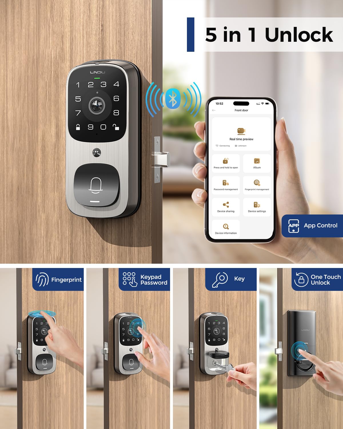 Smart Lock with 6-in-1 Camera, Doorbell & Fingerprint Keyless Entry - WiFi Front Door Lock with 32GB eMMC, 2K HD Doorbell Camera, App Control, PIR Motion Detection & Built-in Chime | Perfect for Home Security & Smart Access Control