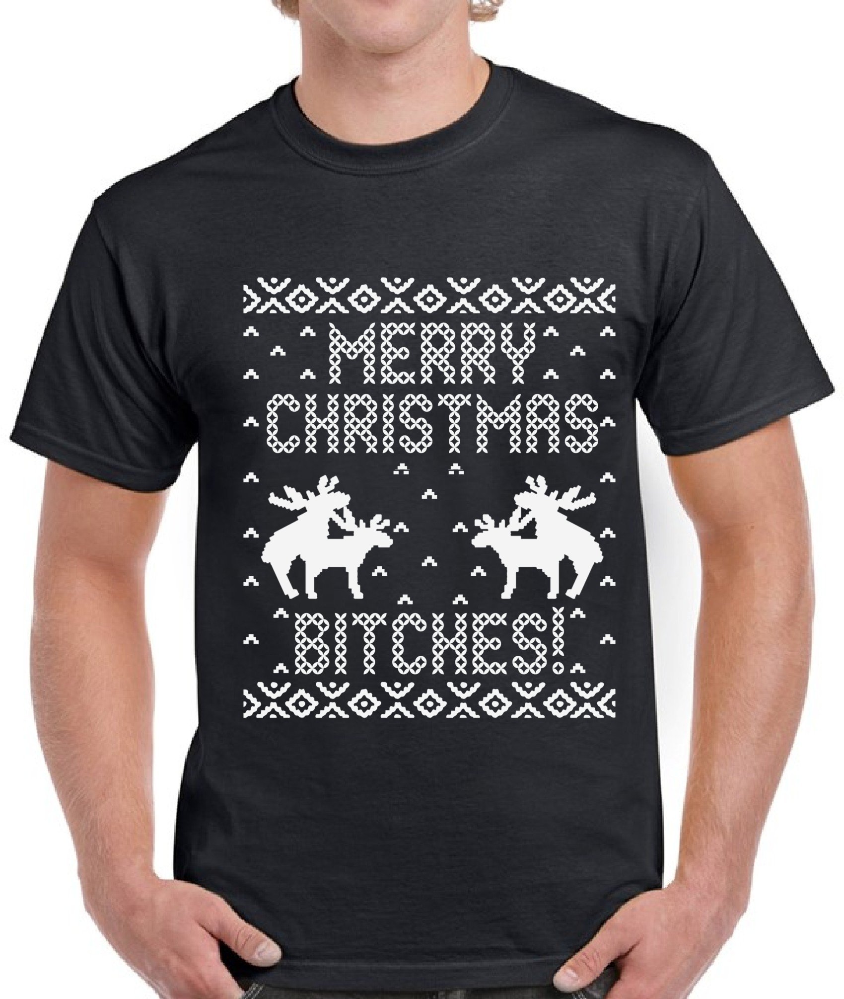 Funny Ugly Christmas T-Shirt for Men - Merry Christmas Bitches Shirt - Festive Holiday Party Outfit for Xmas Gatherings & Office Celebrations