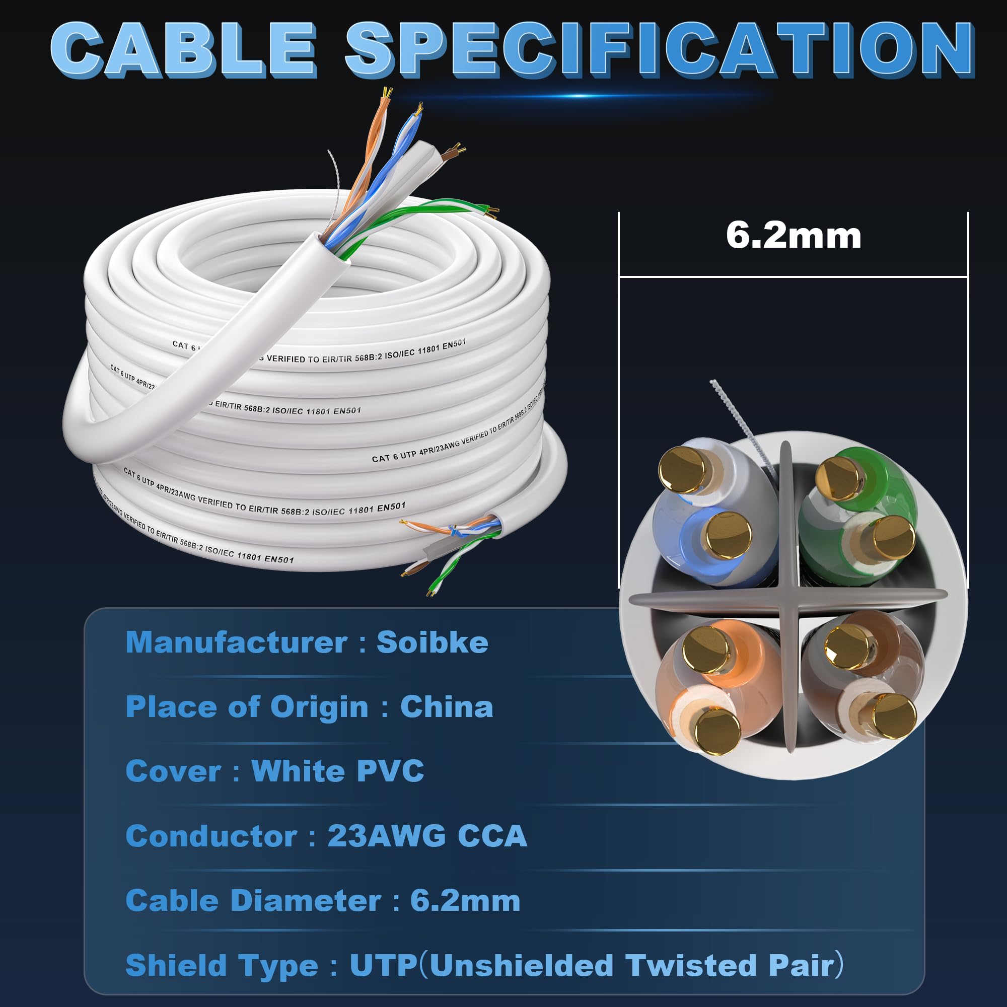Soibke Cat 6 Ethernet Cable 100m (328ft) - High Speed Gigabit LAN Network Cable, Outdoor Weatherproof UTP 23AWG CCA Bulk Patch Cable - Perfect for Home Office, Gaming, Streaming & Outdoor Networking