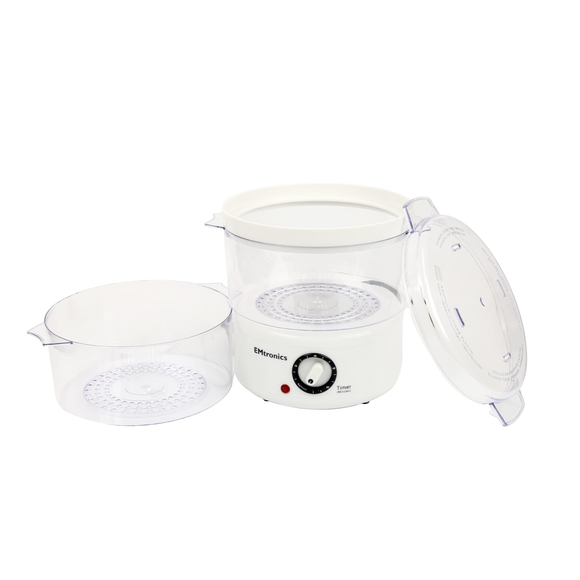 EMtronics 2-Tier Stainless Steel Food Steamer - 4L Capacity for Meat, Vegetables & Dumplings - 60 Minute Digital Timer - Perfect for Healthy Cooking & Meal Prep - White