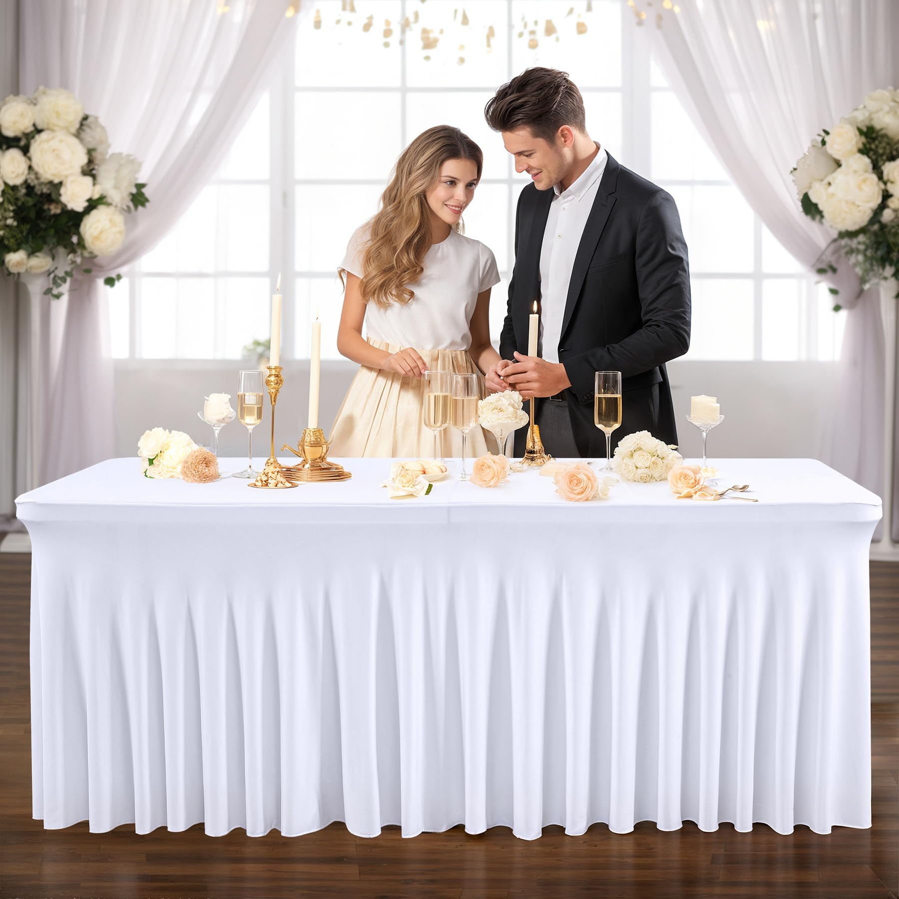 PARTISKY 4ft White Spandex Table Skirt - Stretchable Table Cover for 4 Foot Rectangle Folding Tables - Perfect for Weddings, Banquets & Party Decorations