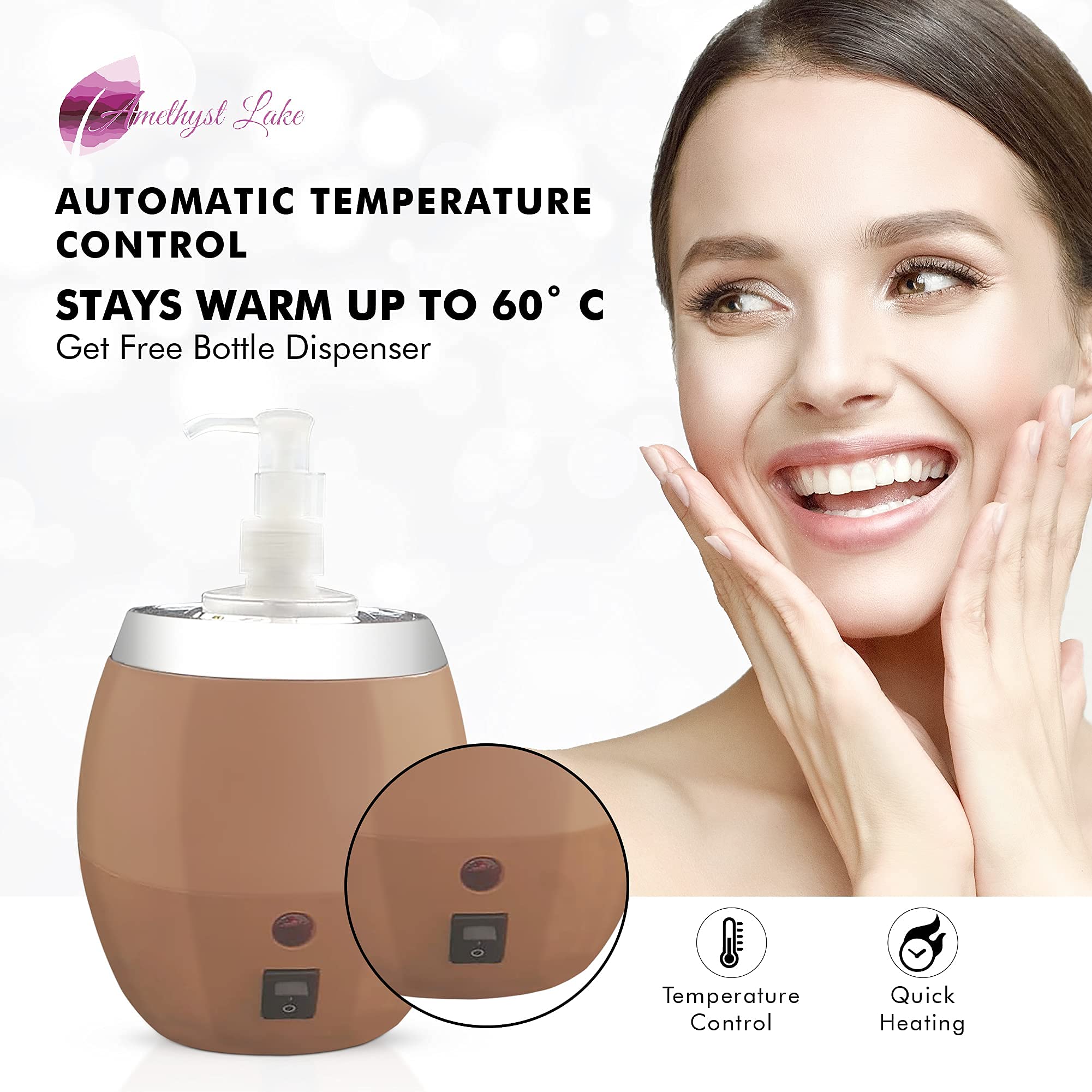 AMETHYST LAKE Electric Massage Oil Warmer Bottle - Professional Bottle Warmer Dispenser Heater for Essential Oils, Lotions & Creams - Perfect for Spa, Beauty Salon & Home Massage Therapy Treatments
