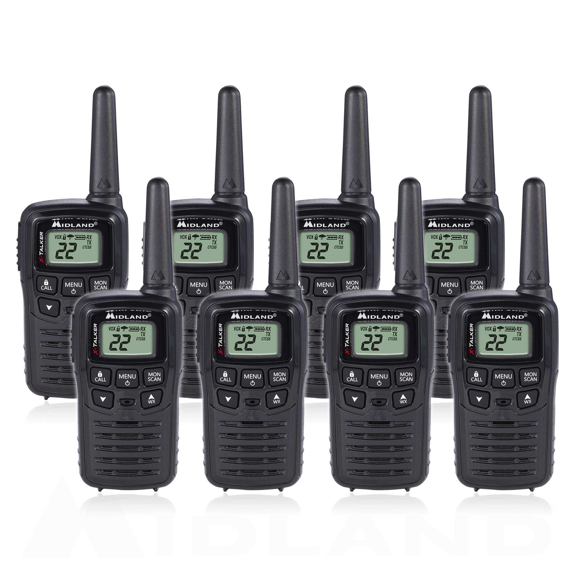 Midland T10 22-Channel FRS Walkie Talkie Two-Way Radio - 20 Mile Range, Black (8-Pack) - Perfect for Camping, Hiking, and Outdoor Adventures