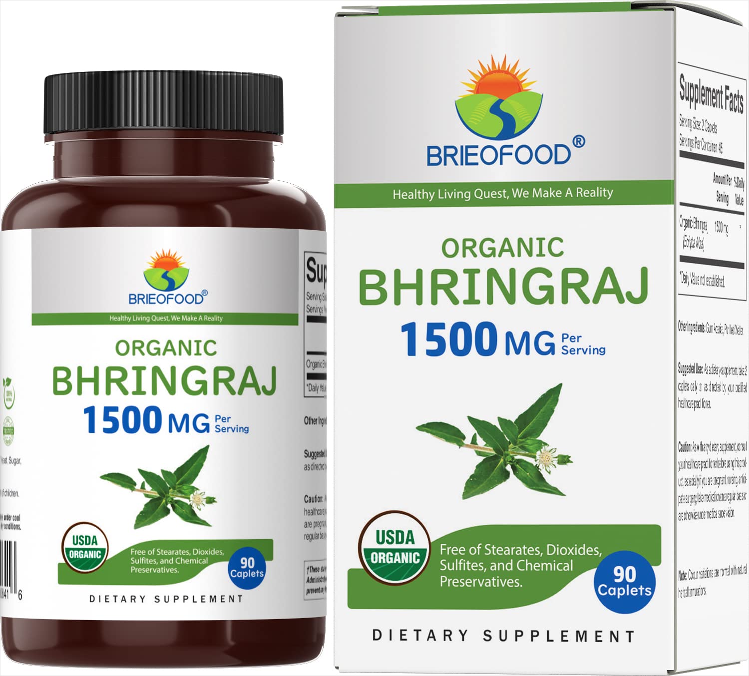 Brieofood Organic Bhringraj 1500mg - 90 Vegetarian Tablets (45 Servings) | Gluten-Free, Vegan Hair Growth Supplement for Thicker, Healthier Hair | Supports Scalp Health & Natural Hair Regrowth