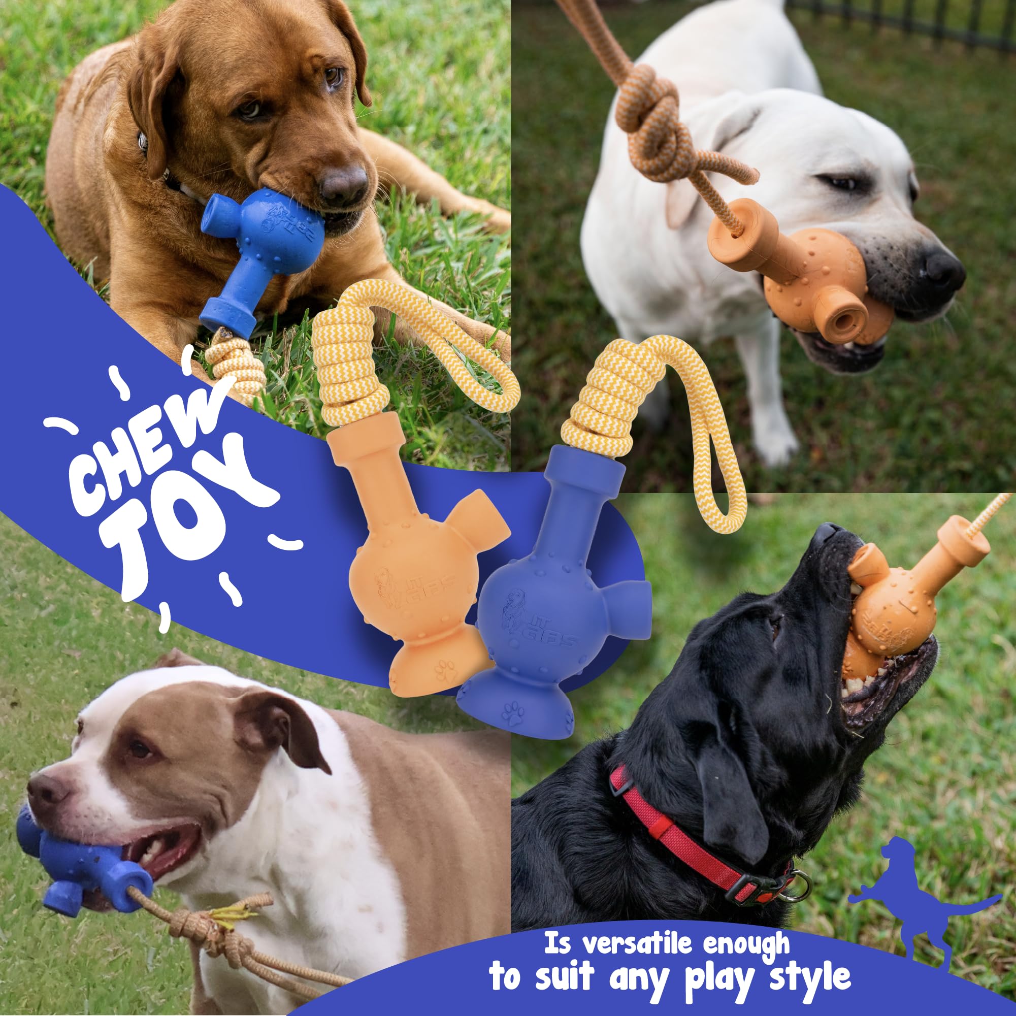 Durable Dog Tug Toy with Rope - Interactive Treat Dispensing Chew Toy for All Breeds & Sizes - Fun Rubber Tug-of-War Toy (Blue & Orange) - Perfect for Playtime, Training & Bonding with Your Dog