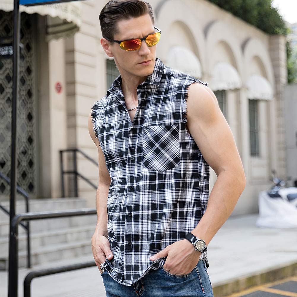 LOGEEYAR Men's Sleeveless Plaid Flannel Button Down Shirt - Casual Vest for Outdoor Activities, Summer Wear & Layering