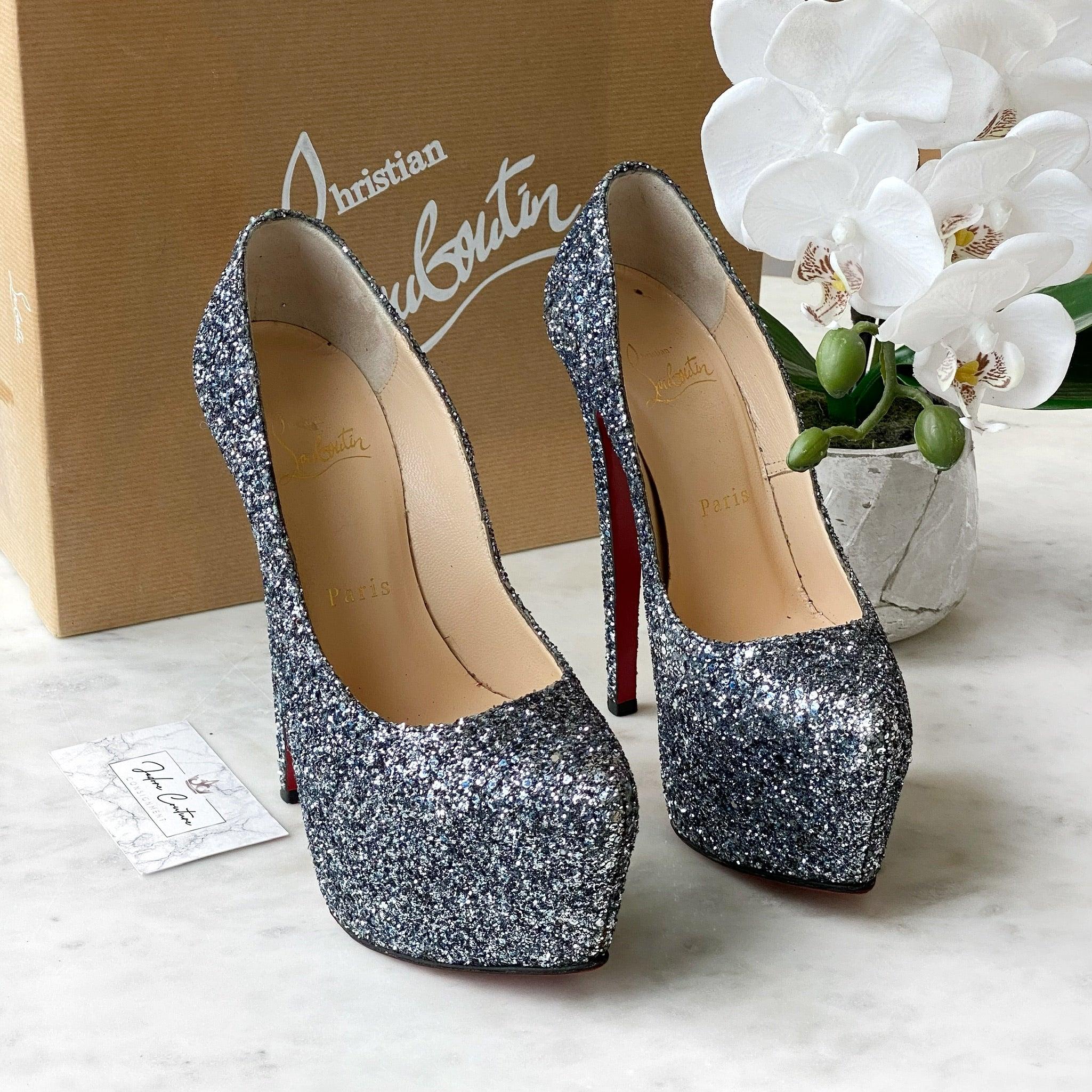 Christian Louboutin Blue Glitter Daffodile Pumps Women's High Heels Size 35.5 - Perfect for Evening Parties, Weddings & Special Occasions