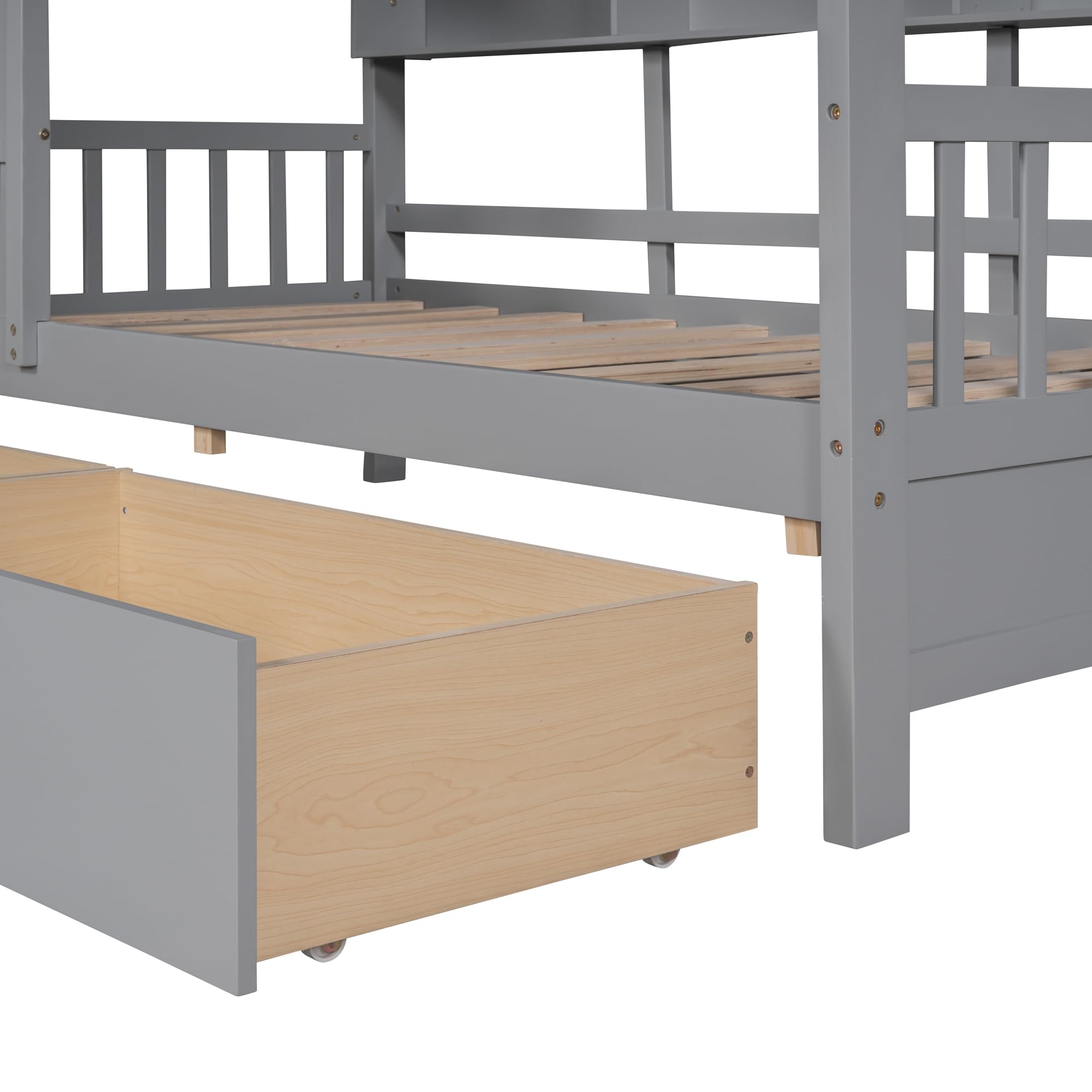 Wooden Twin Size House Bed with 2 Drawers - Kids Storage Bed with Shelf for Boys, Girls & Teens - Space-Saving Bedroom Furniture (Twin, Gray) - Perfect for Small Rooms, Playrooms & Sleepovers