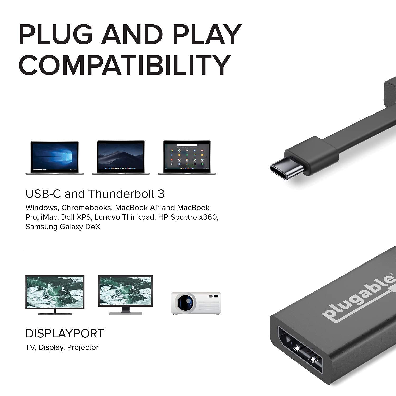 Plugable USB C Adapter Bundle - USB C to Ethernet, HDMI, DisplayPort & VGA - Thunderbolt 3 Compatible with MacBook Pro, Windows Laptops - Perfect for Home Office, Gaming & Multi-Monitor Setups