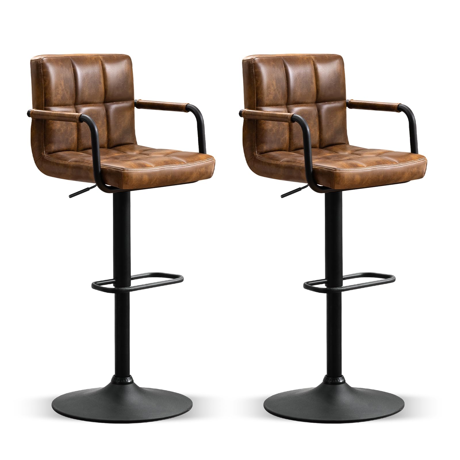 Furniliving Set of 2 Modern PU Leather Bar Stools with Back & Armrest - Adjustable Height Kitchen Counter Stools for Bar, Pub, Cafe & Home Dining (Yellow Brown) | Perfect for Breakfast Nooks, Kitchen Islands & Entertainment Spaces