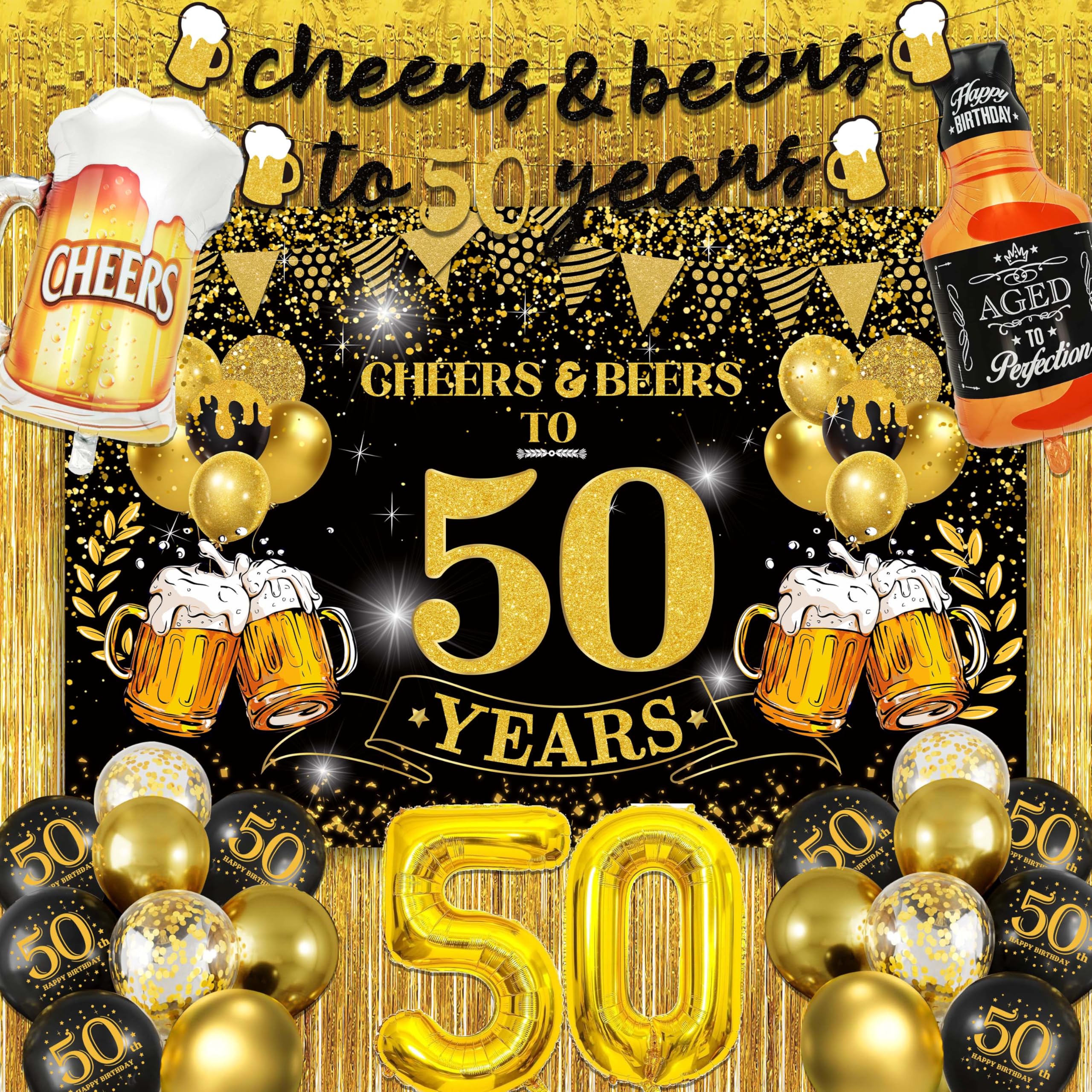 Black and Gold Cheers to 50 Years Banner - 50th Birthday Party Decorations for Men & Women - Happy 50th Birthday Backdrop & Balloons - Perfect for Milestone Celebrations, Retirement Parties, and Anniversary Events