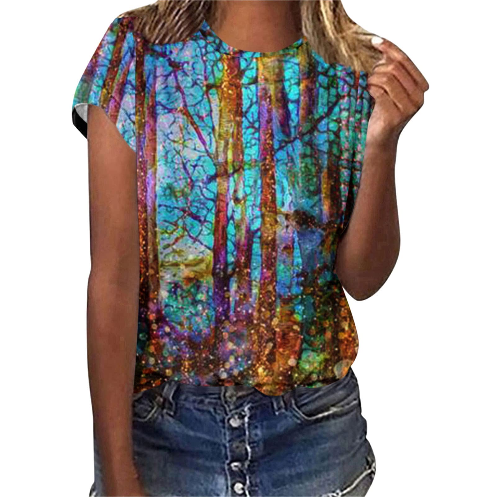Women's Summer Tops - Gradient Printed Patchwork V-Neck Blouse | Trendy Plus Size Casual T-Shirts & Blouses for Beach, Vacation & Everyday Wear