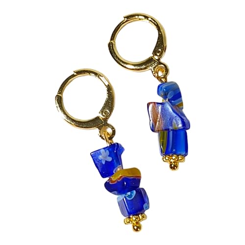 Blue Millefiori Glass Chip 18K Gold Plated Hoop Earrings – Italian Style Dangle Earrings with Millefiori Charms for Women | Perfect for Parties, Weddings & Everyday Wear
