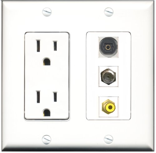 RiteAV 15 Amp Power Outlet Wall Plate with 1 RCA Yellow Port, 1 Coax Port & 1 Toslink Port - Decorative Multi-Port Cover for Home Theater, Audio Systems & Cable Management
