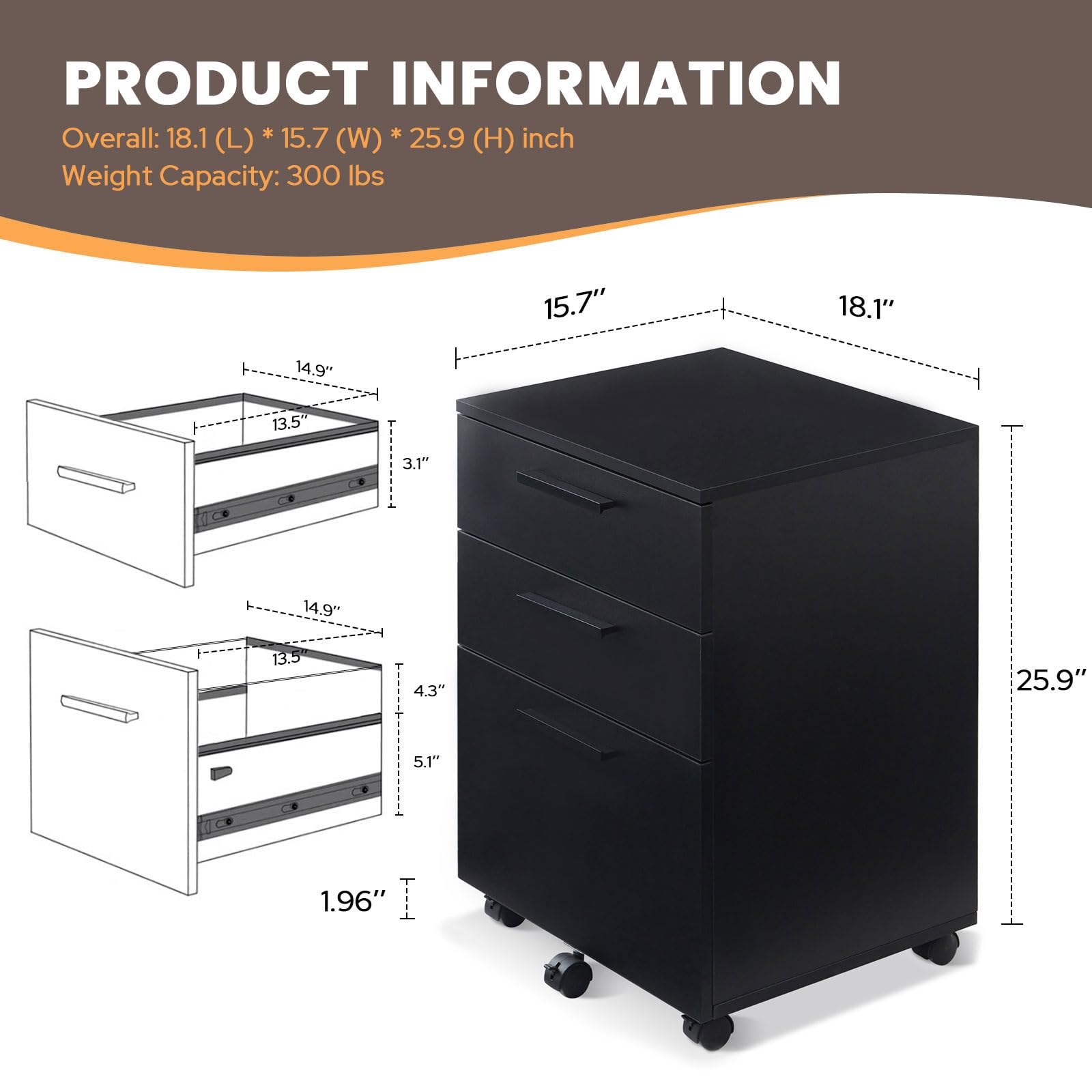 VICLLAX 3-Drawer Mobile File Cabinet with Lockable Wheels - Black Under Desk Vertical Storage Organizer for Office, Home & School - Perfect for Documents, Folders & Office Supplies