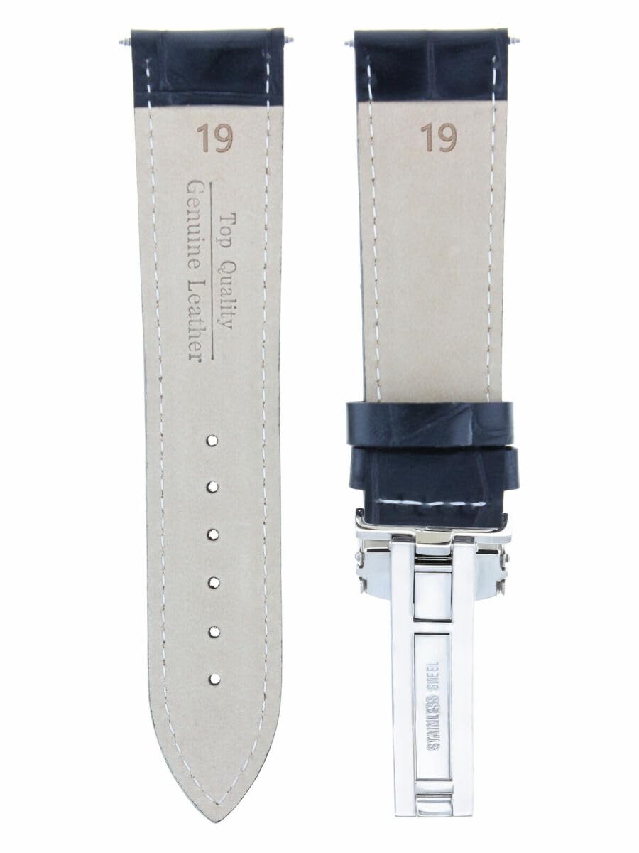 19mm Genuine Leather Watch Band Strap with Deployment Clasp - Compatible with Chopard Watches - Black with White Stitching - Premium Replacement Watch Strap for Dress Watches & Formal Occasions