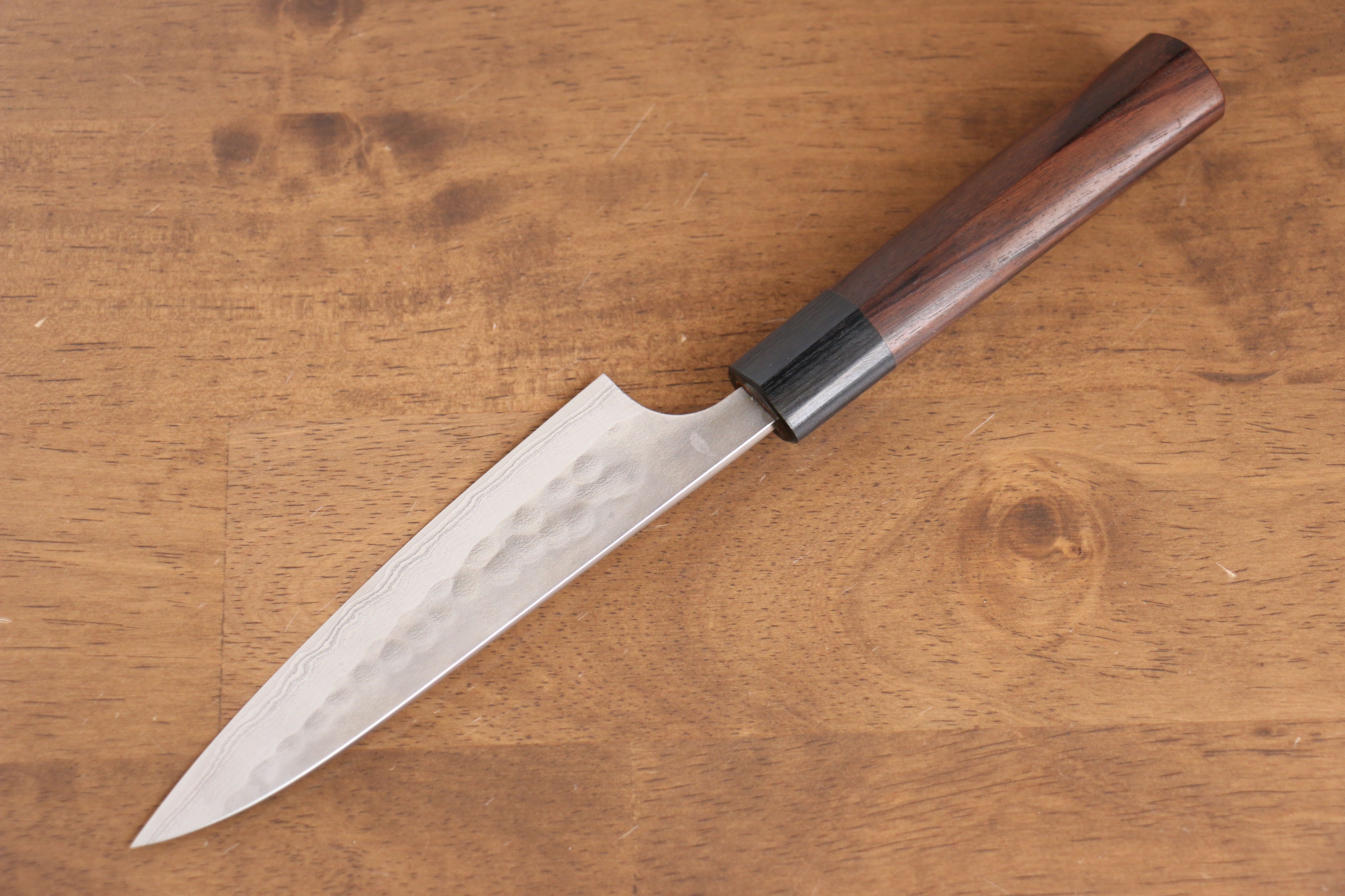 Nao Yamamoto 135mm Damascus Petty Knife - Hand Forged Silver Steel Nashiji Finish with Shitan Wood Handle - Perfect for Slicing, Peeling & Precision Kitchen Tasks