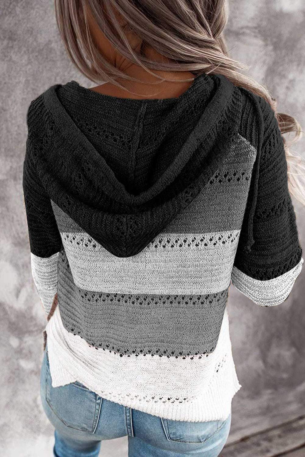 ENLACHIC Women's Boho Beach Knitted Hoodie - Striped Color Block Hollow Out Pullover Sweater for Bonfire, Fall Fashion & Casual Outfits