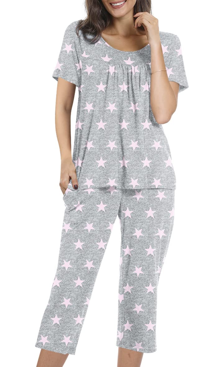 POPYOUNG Women's Summer Pajama Sets - 2 Piece Loungewear with Capri Pants & Pockets - Soft Sleepwear for Women - Perfect for Sleeping, Lounging & Vacation Comfort