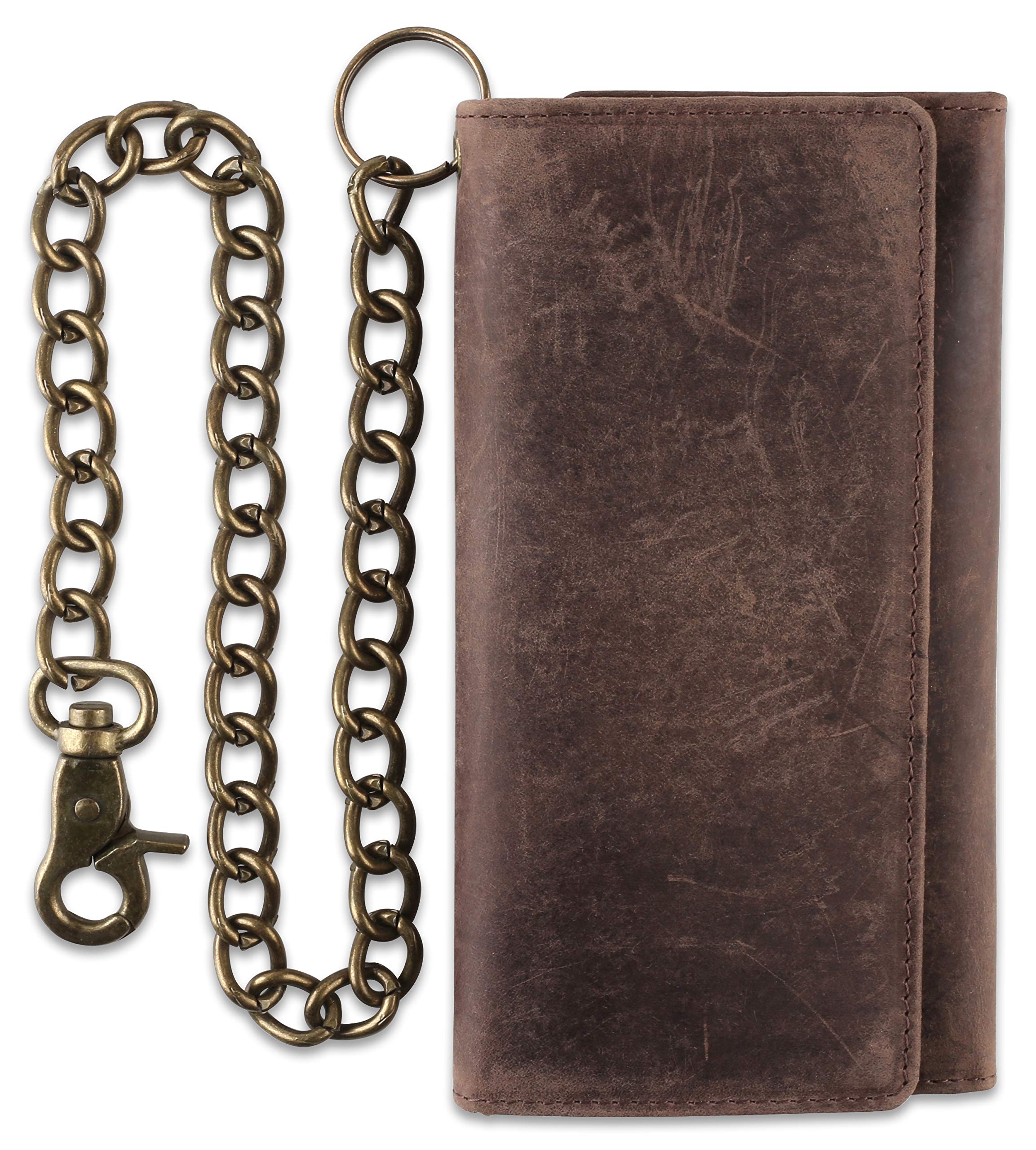 F&L CLASSIC RFID Blocking Men's Tri-fold Long Leather Wallet with Steel Chain - Genuine Cowhide, Antique Dark Brown - Perfect for Travel, Business & Everyday Use