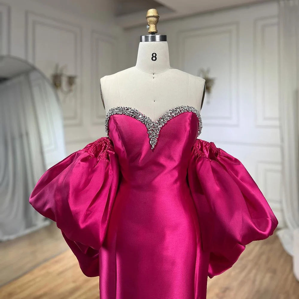 Serene Hill Fuchsia Mermaid Mikado Satin Balloon Sleeve Evening Gown for Women - Elegant Wedding Party Dress 2025 LA71923 | Perfect for Prom, Bridesmaid, and Formal Events