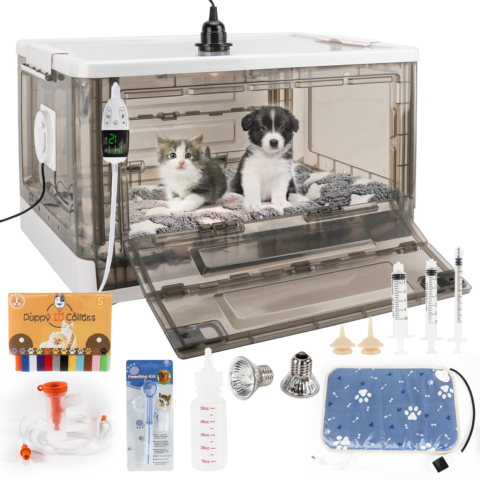 Puppy Incubator with Heating & Ventilation - 55L Pet Incubator for Newborn Puppies & Kittens with Comfortable Bed Mat - Perfect for Breeding, Animal Rescue & Veterinary Clinics