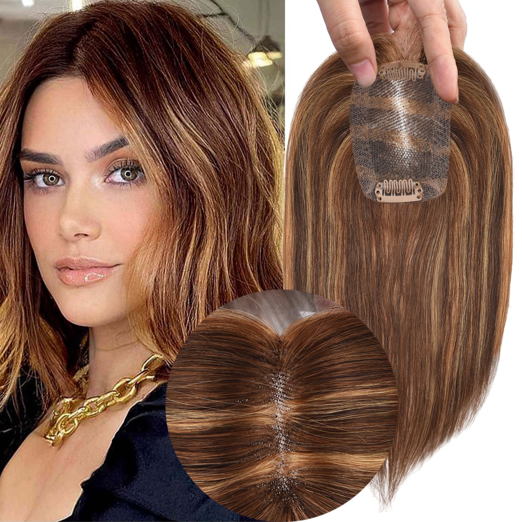 JGS1996 Human Hair Toppers for Women - 14 Inch Clip-In Hair Extensions with Lace Base, No Bangs, Remy Hair for Thinning Hair - Perfect for Daily Wear, Parties & Special Occasions