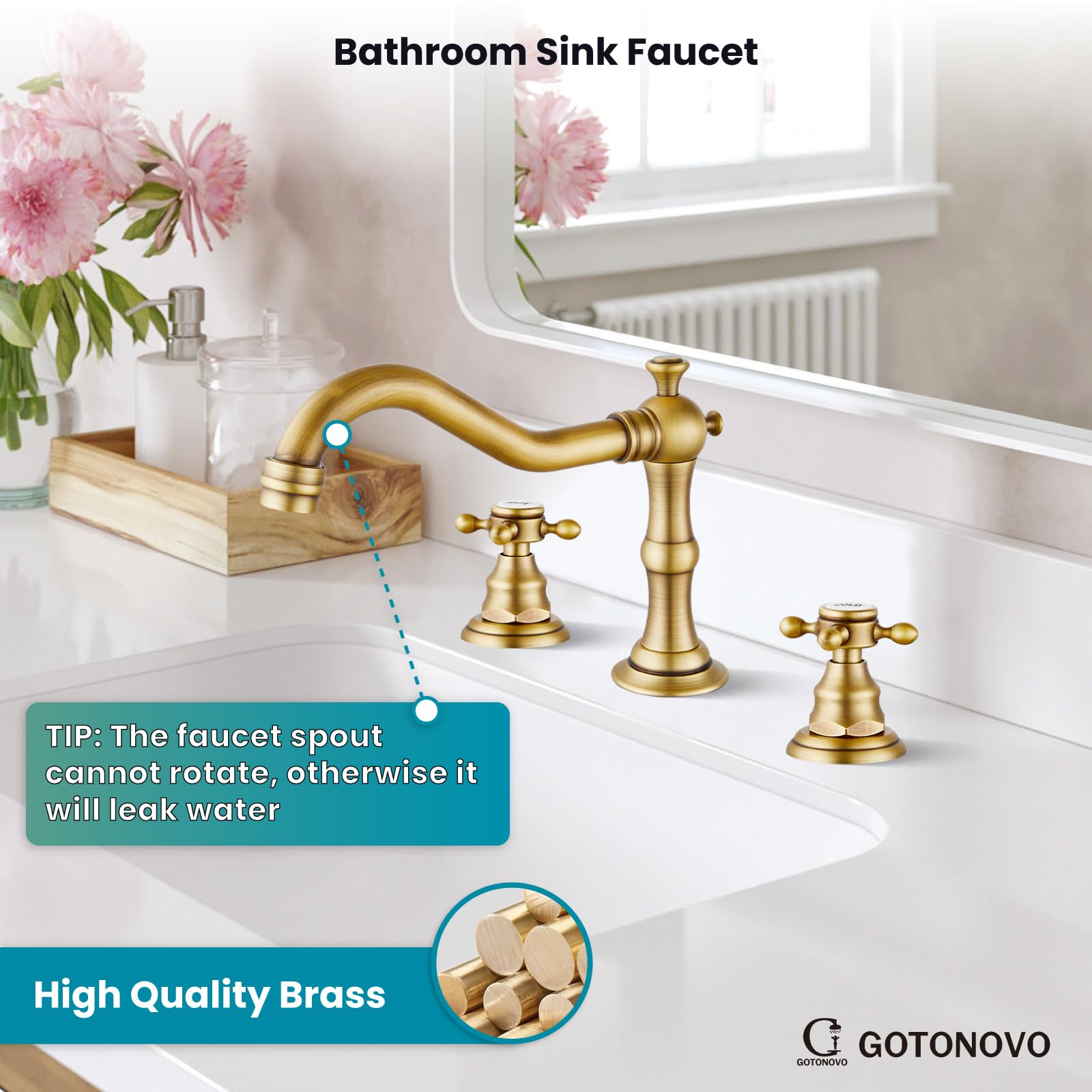 Gotonovo 8 Inch Widespread Bathroom Sink Faucet - 2 Cross Handles, 3 Hole Deck Mount Basin Mixer Tap with Pop Up Drain & Overflow - Antique Brass Finish - Perfect for Bathroom Vanity, Powder Room & Guest Bath Renovation