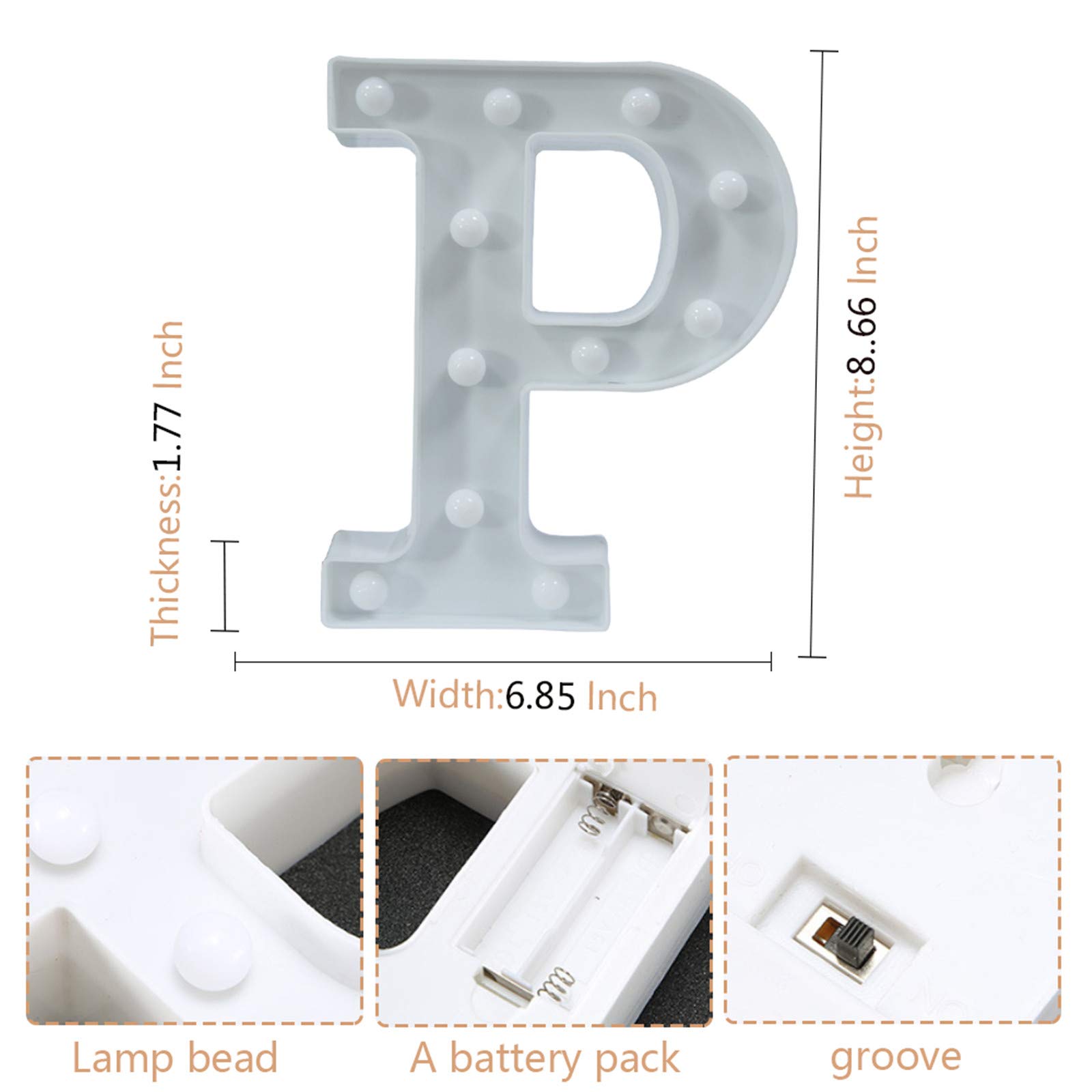 LED Light Up Letter P - Battery Powered Alphabet Sign for Christmas, Wedding, Birthday Party Decor - Night Light for Home, Bar, Bedroom, Nursery - Romantic & Festive Lighting Decorations