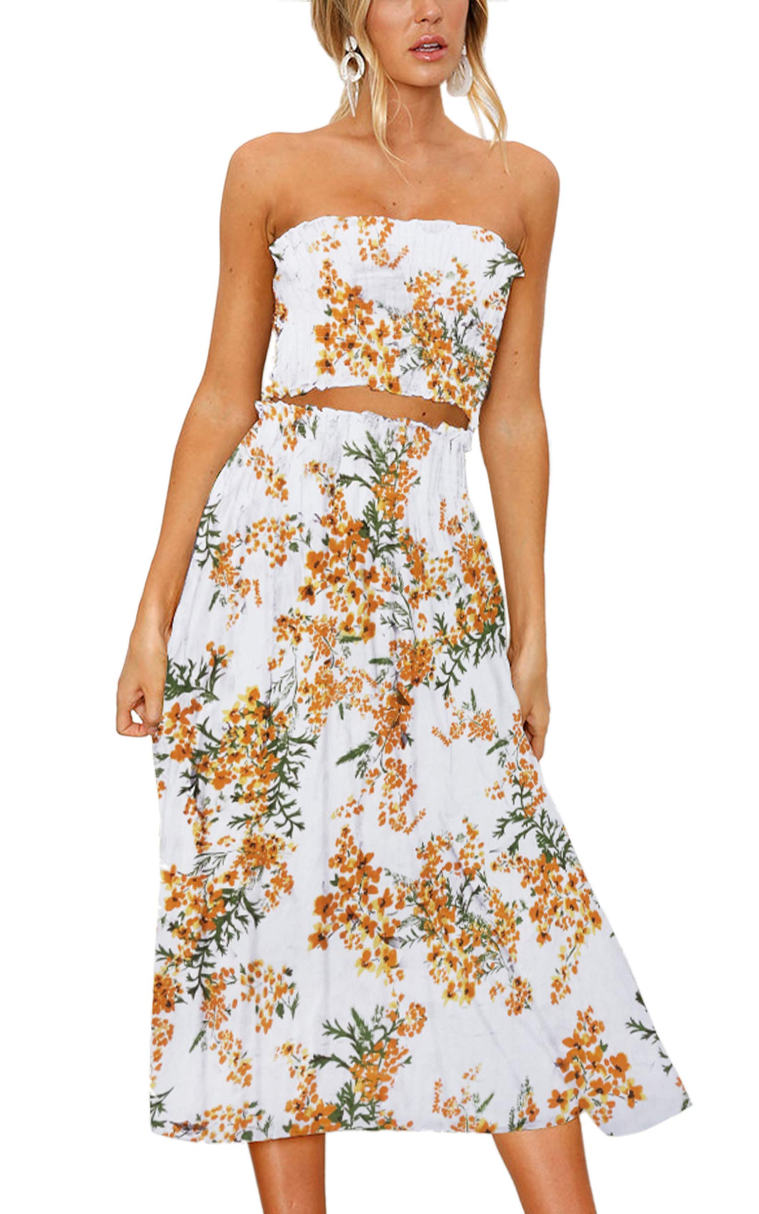 Angashion Women's Floral Print Crop Top & Maxi Skirt 2-Piece Outfit Set - Summer Boho Dress for Beach, Vacation & Casual Wear