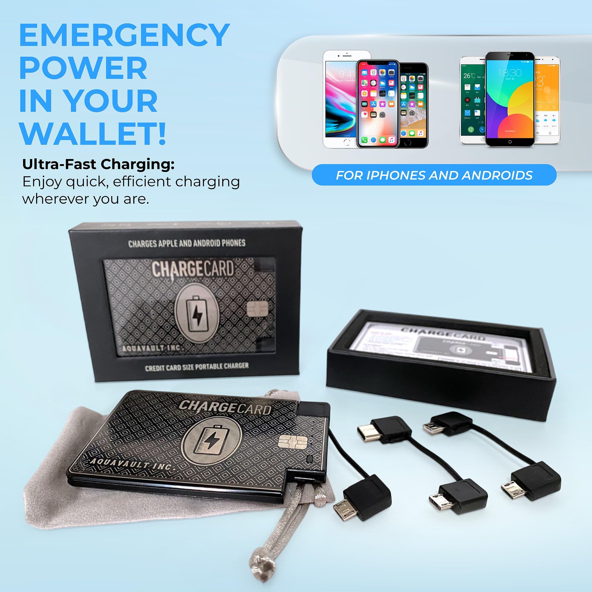 ChargeCard Portable Charger & Power Bank - Ultra Fast Charging, Credit Card Sized - Compatible with iPhone, Android (Includes Lightning, USB-C, Micro USB Cables) - Perfect for Travel, Commuting & Emergency Power Backup