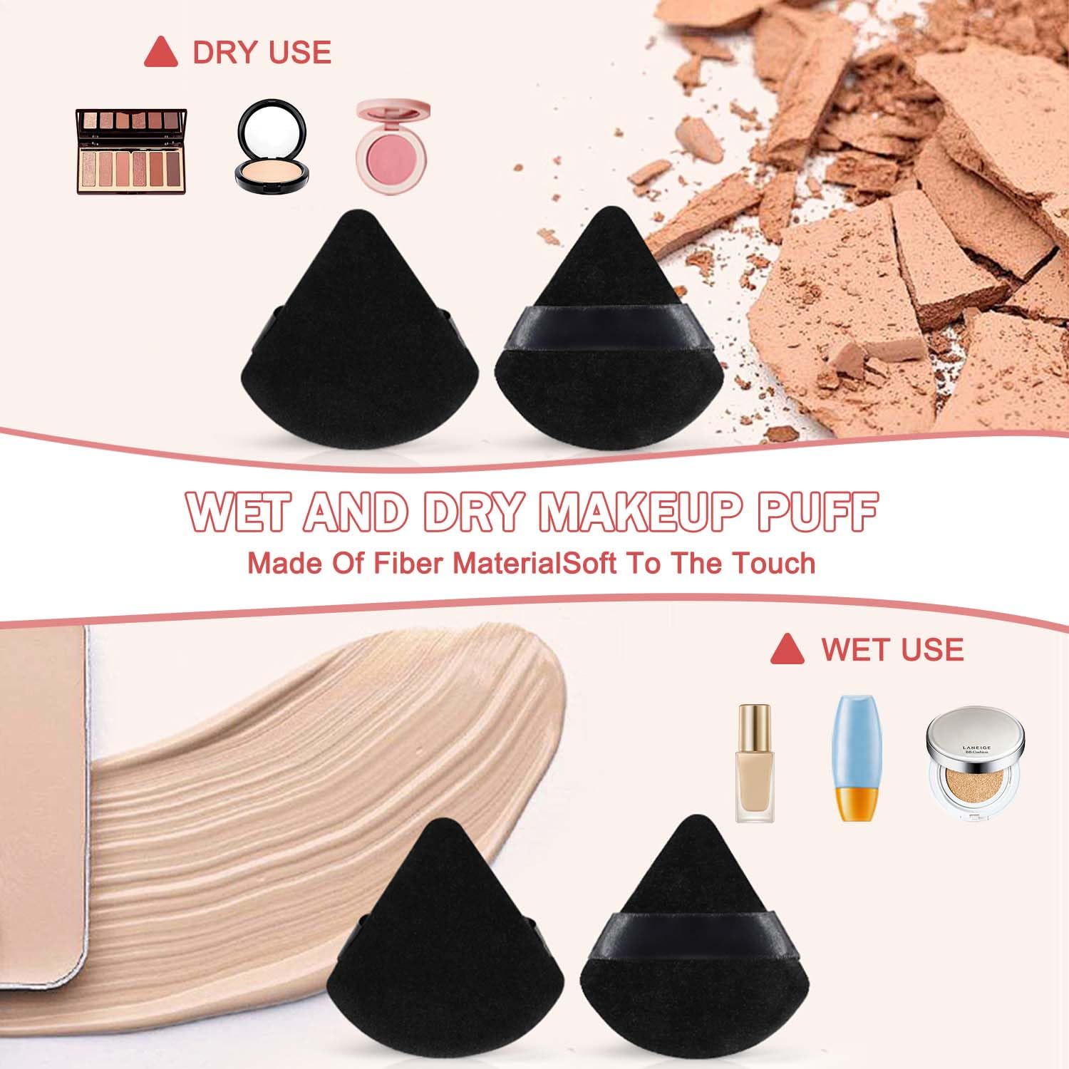 6-Piece Soft Velour Triangle Powder Puff Set - Premium Makeup Sponges for Loose & Body Powder - Black Beauty Blender for Flawless Finish - Perfect for Contouring, Baking & Everyday Makeup Application