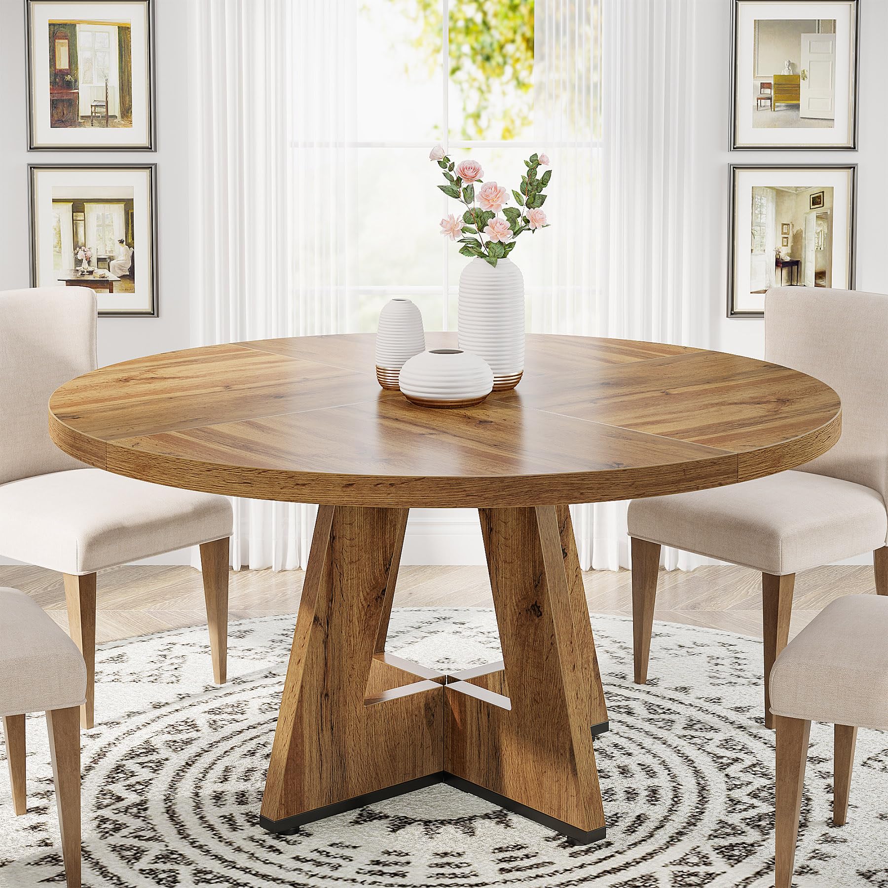 Tribesigns 47-inch Round Wooden Dining Table for Kitchen & Dining Room - Farmhouse Style with Wooden Tabletop & Cross Base - Seats 4 Adults - Perfect for Family Meals, Dinner Parties & Small Space Homes (Burlywood)