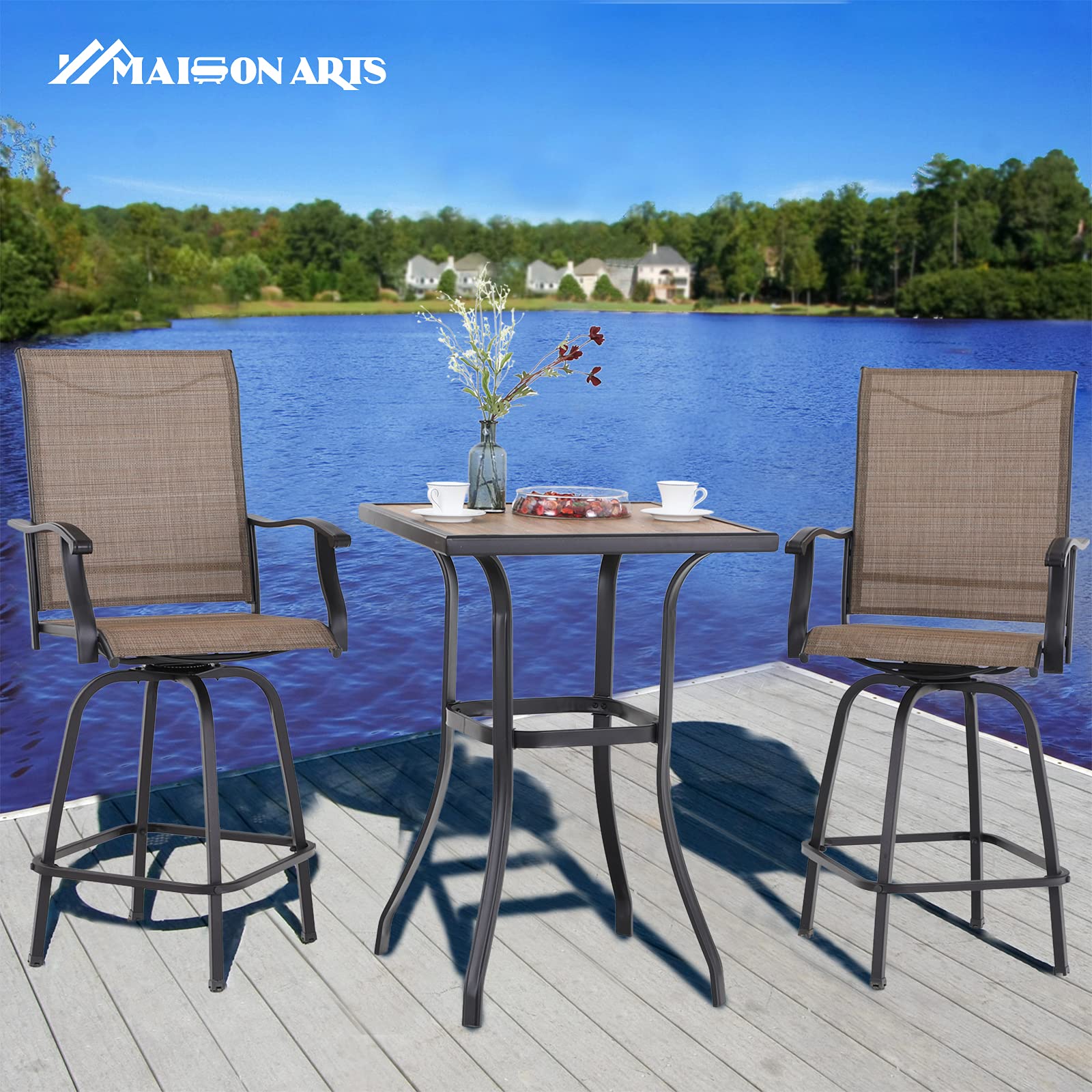 MAISON ARTS Patio Chairs Set of 2 - Swivel Outdoor Bar Stools with High Back, 300 lbs Capacity Bar Height Patio Furniture for Deck, Backyard, Garden - Perfect for Outdoor Dining, Lounging, and Entertaining