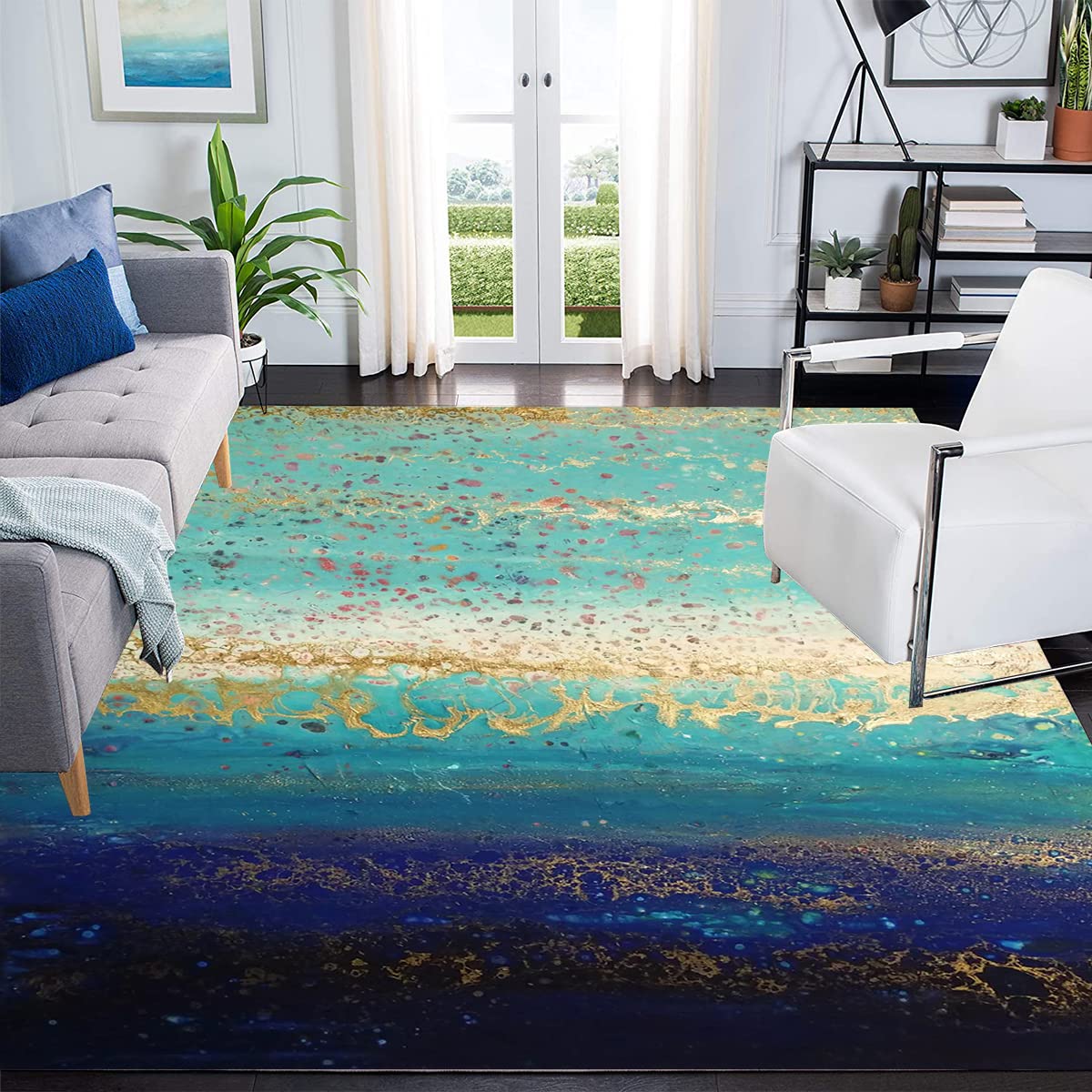 Ombre Blue Gold Modern Abstract Area Rug 6x8 - Coastal Beach Style Washable Soft Thick Carpet for Living Room, Bedroom, Dining Room, Playroom, Home Office & Farmhouse Decor - Stylish Floor Rug for Coastal, Boho & Modern Interior Design