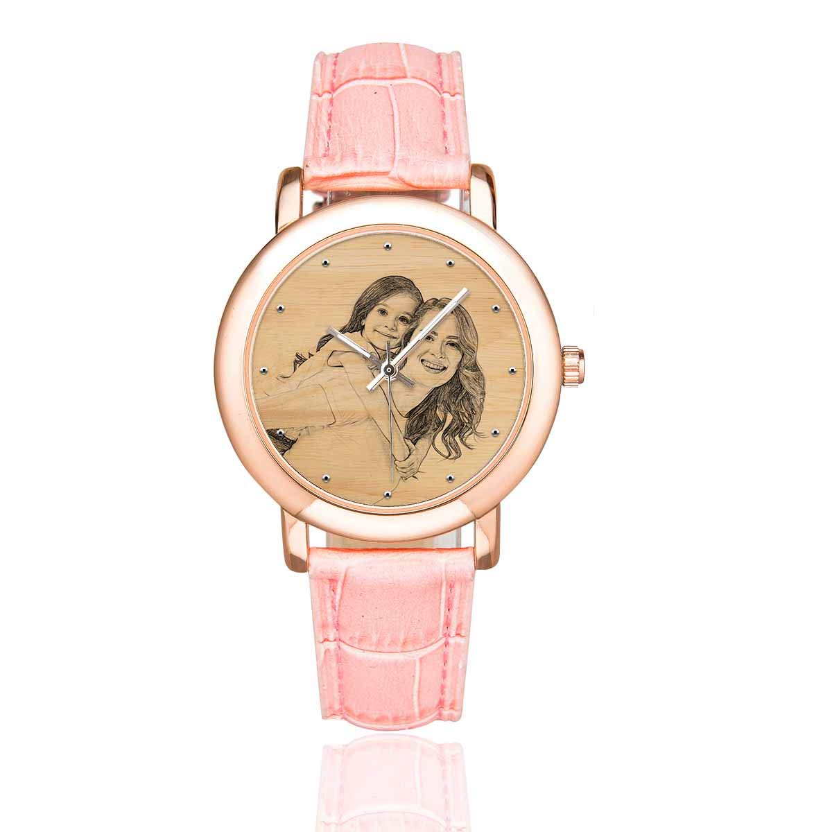 Custom Parent-Child Portrait Watch - Pink Leather Strap Women's Casual Wristwatch with White Background Sketch Design | Perfect for Family Gifts, Mother-Daughter Matching Accessories & Everyday Wear