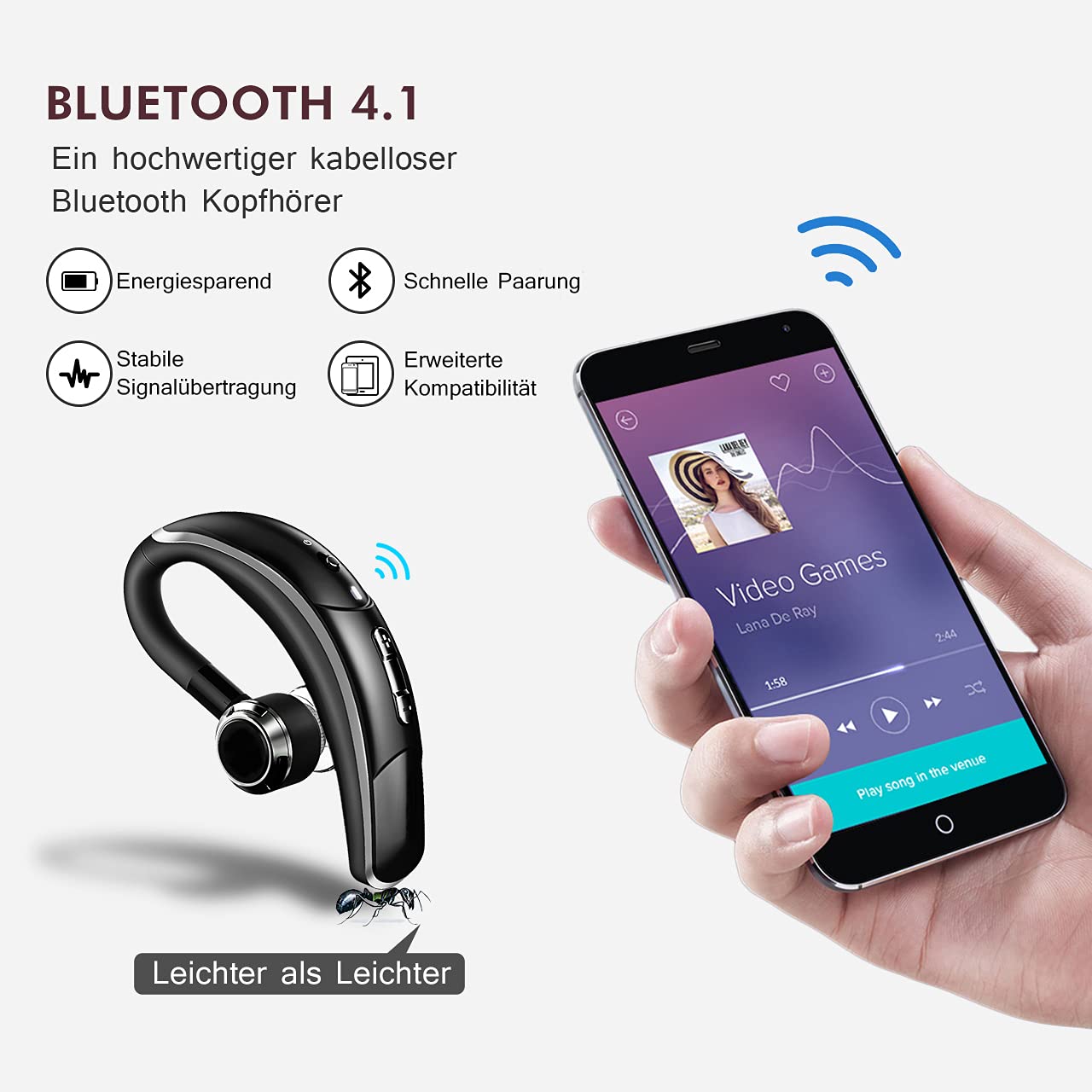 Premium Bluetooth 4.1 Wireless Car Headset with Noise-Canceling Mic & CVC 6.0 Technology - 280H Battery Life for Long Calls - Ideal for Office Work, Driving & Remote Meetings (Silver)