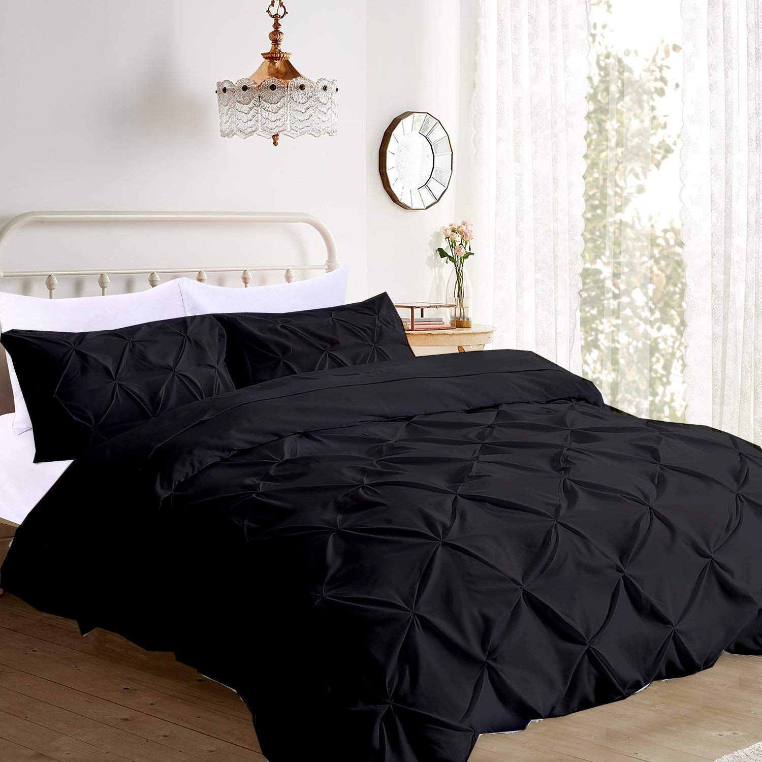 Luxurious Kanak Bedding 3-Piece Comforter Set - 400GSM Pinch Pleated Egyptian Cotton Pintuck Duvet Cover | California Queen Size (Black) | Perfect for Master Bedroom, Guest Room & Luxury Hotel Decor