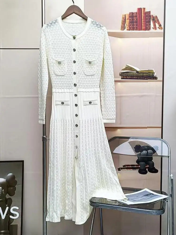 Elegant Black & White Single Breasted Knit Sweater Dress for Women - Winter Office Wear, Long Sleeve Casual Dress for Work & Holiday Parties