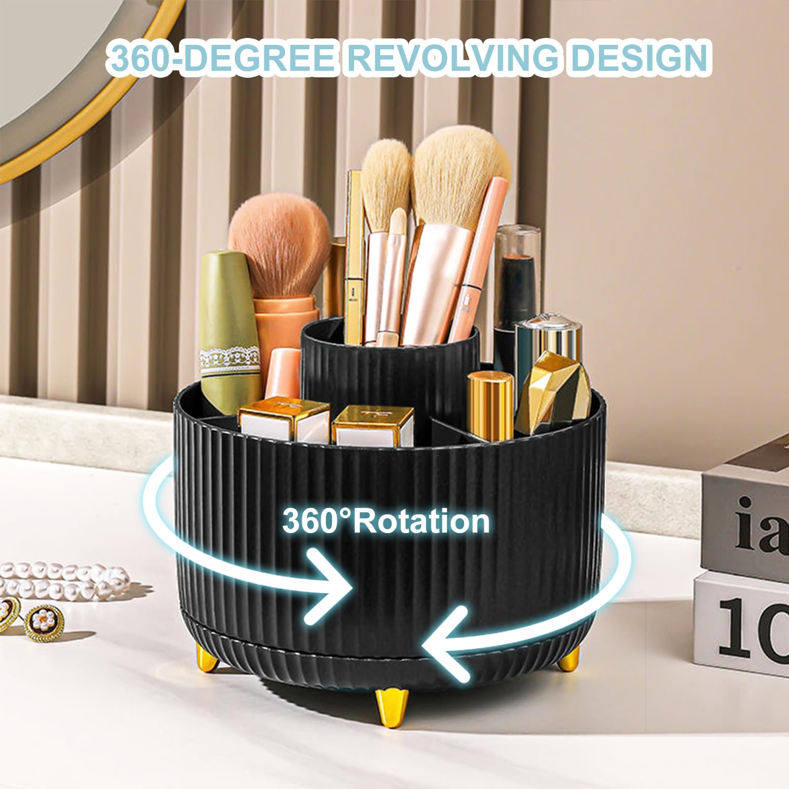 360° Rotating 5-Slot Pencil Holder for Desk - Black | Office, School & Home Desk Organizer for Pens, Markers & Stationery Supplies | Perfect for Workspace, Study & Craft Room Organization