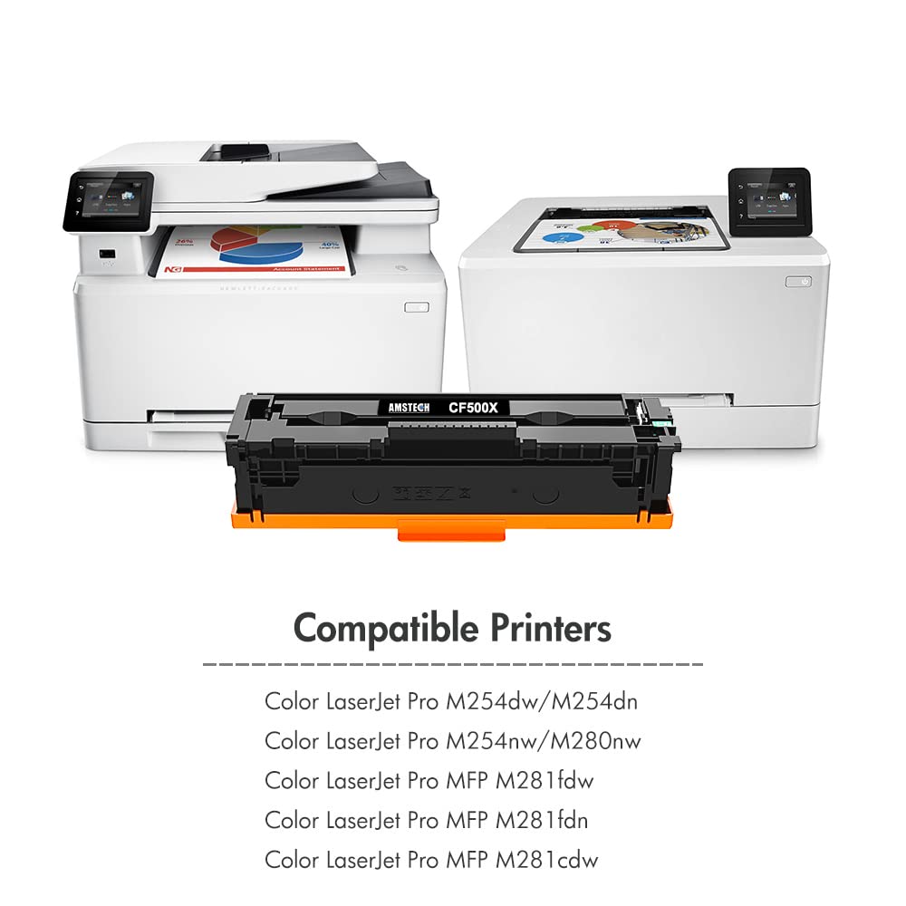 Amstech Compatible Toner Cartridge Replacement for HP 202A 202X CF500X CF501X CF502X CF503X - Works with HP Laserjet Pro MFP M281fdw M281cdw M254dw M254dn M280nw (Black, Cyan, Yellow, Magenta, 4-Pack) - High Yield Printing for Office & Home Use