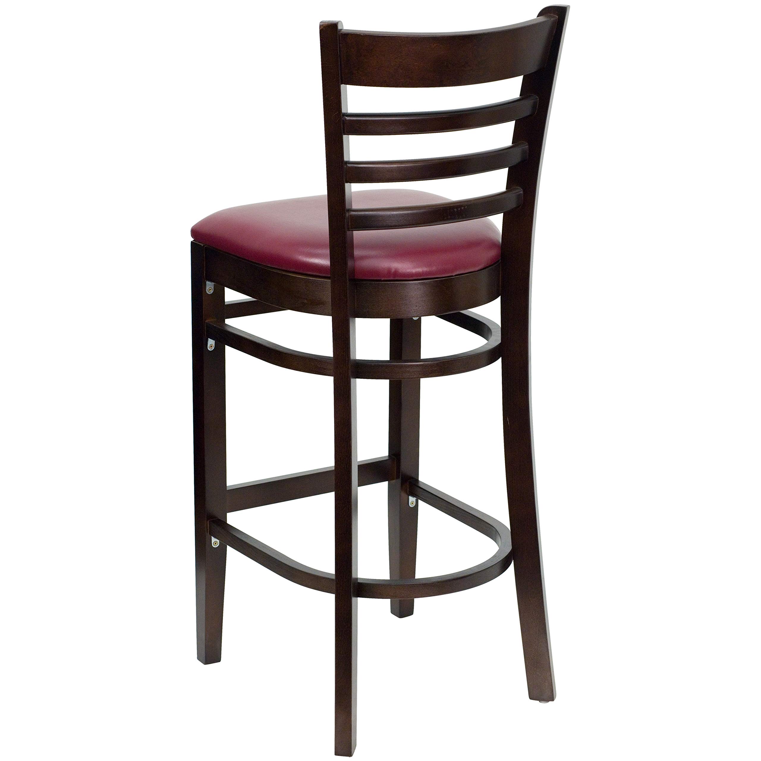 2 Pack Walnut Wood Bar Stools with Burgundy Vinyl Upholstered Seats - Rustic Ladder Back Design for Kitchen Island, Breakfast Bar & Restaurant Counter Stools - Durable & Comfortable Dining Chairs