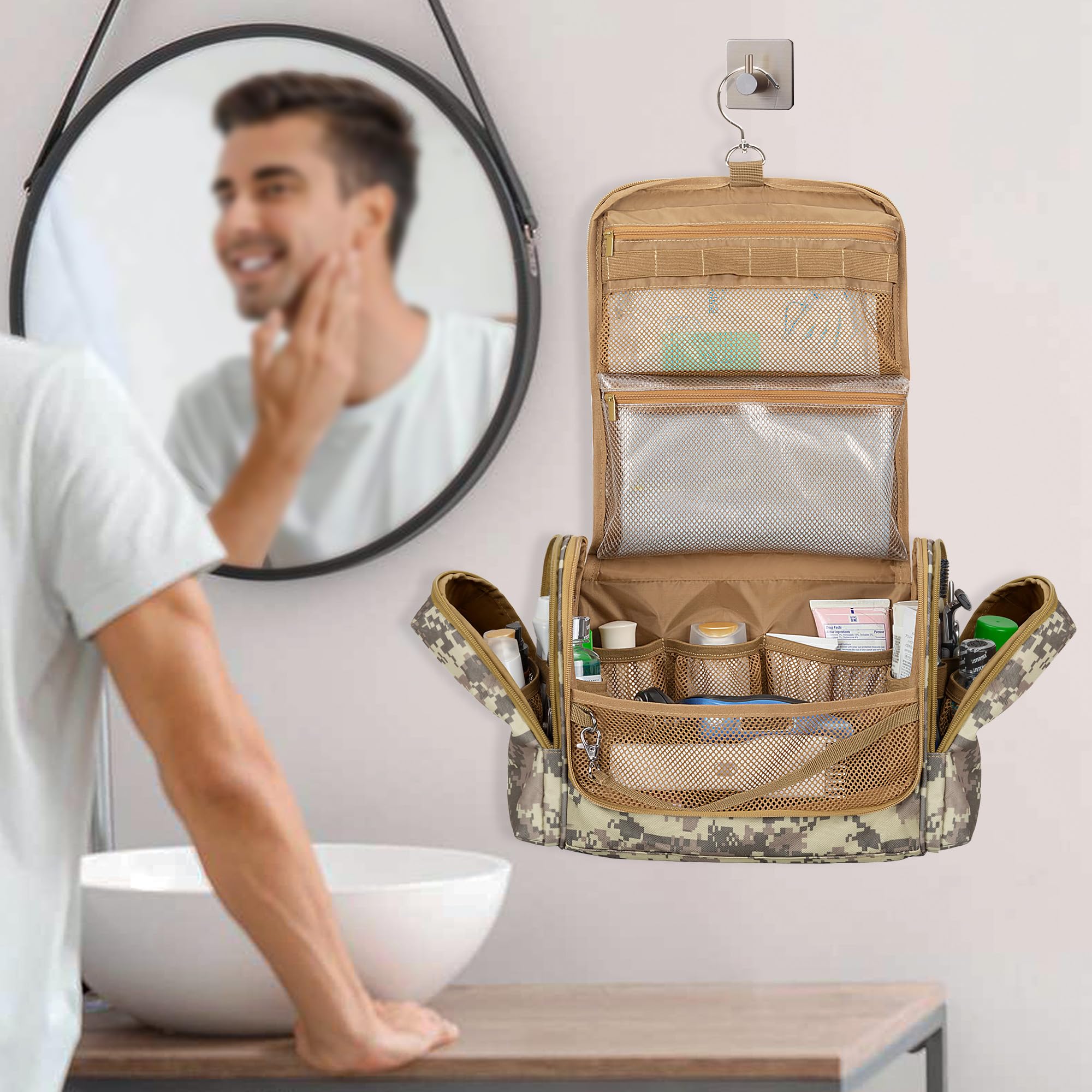 Tactical Toiletry Travel Bag for Men - Hanging Dopp Kit Shower Organizer with Hook for Toiletries & Shaving Essentials, Durable Hygiene Bag in Desert Yellow (Empty) - Perfect for Camping, Gym, Business Trips & Outdoor Adventures