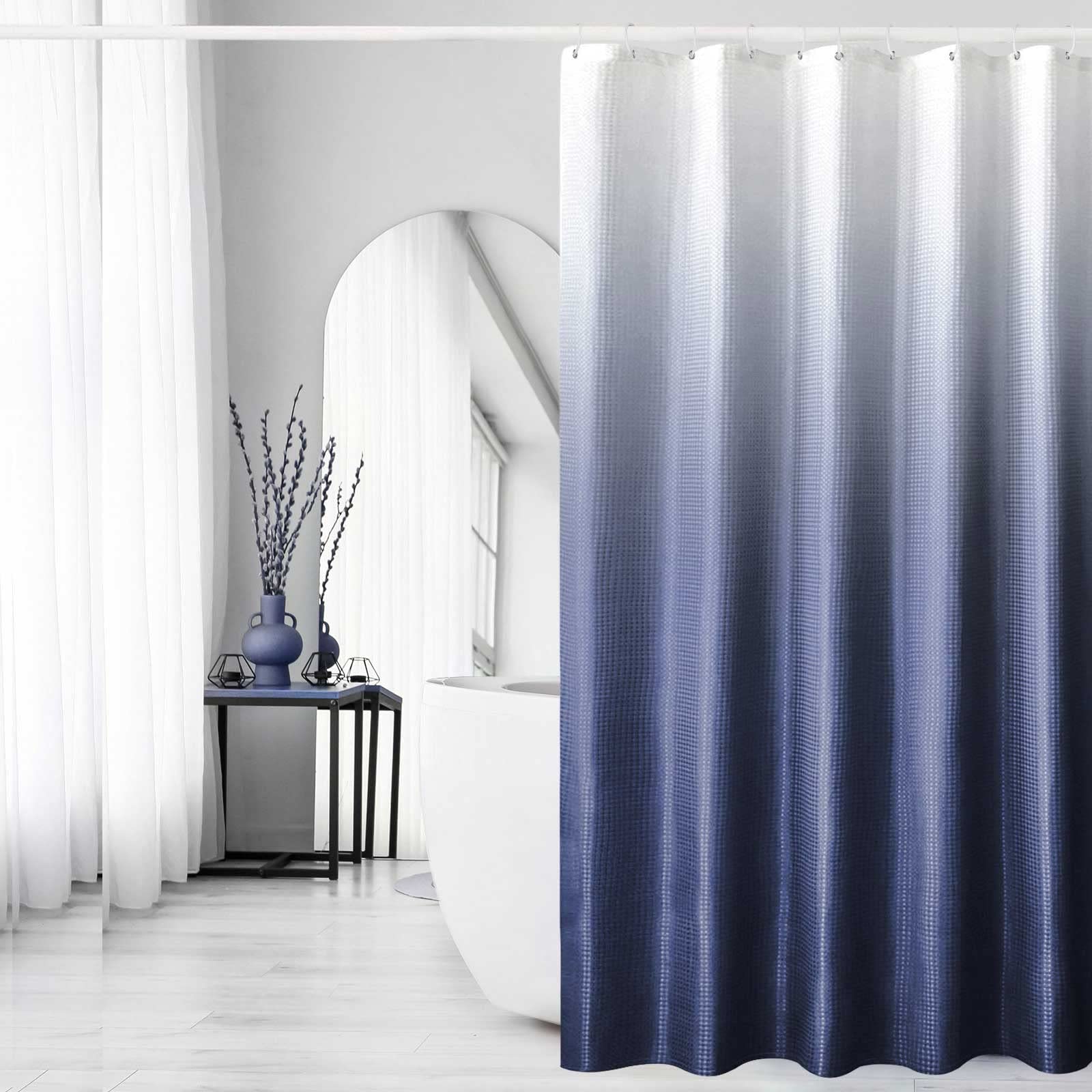 Gibelle Waffle Weave Ombre Fabric Shower Curtain - Navy Blue Bathroom Decor Set with Hooks, Water Repellent & Machine Washable (72x72 Inches) - Perfect for Modern Bathrooms, Guest Baths & Spa-Like Retreats