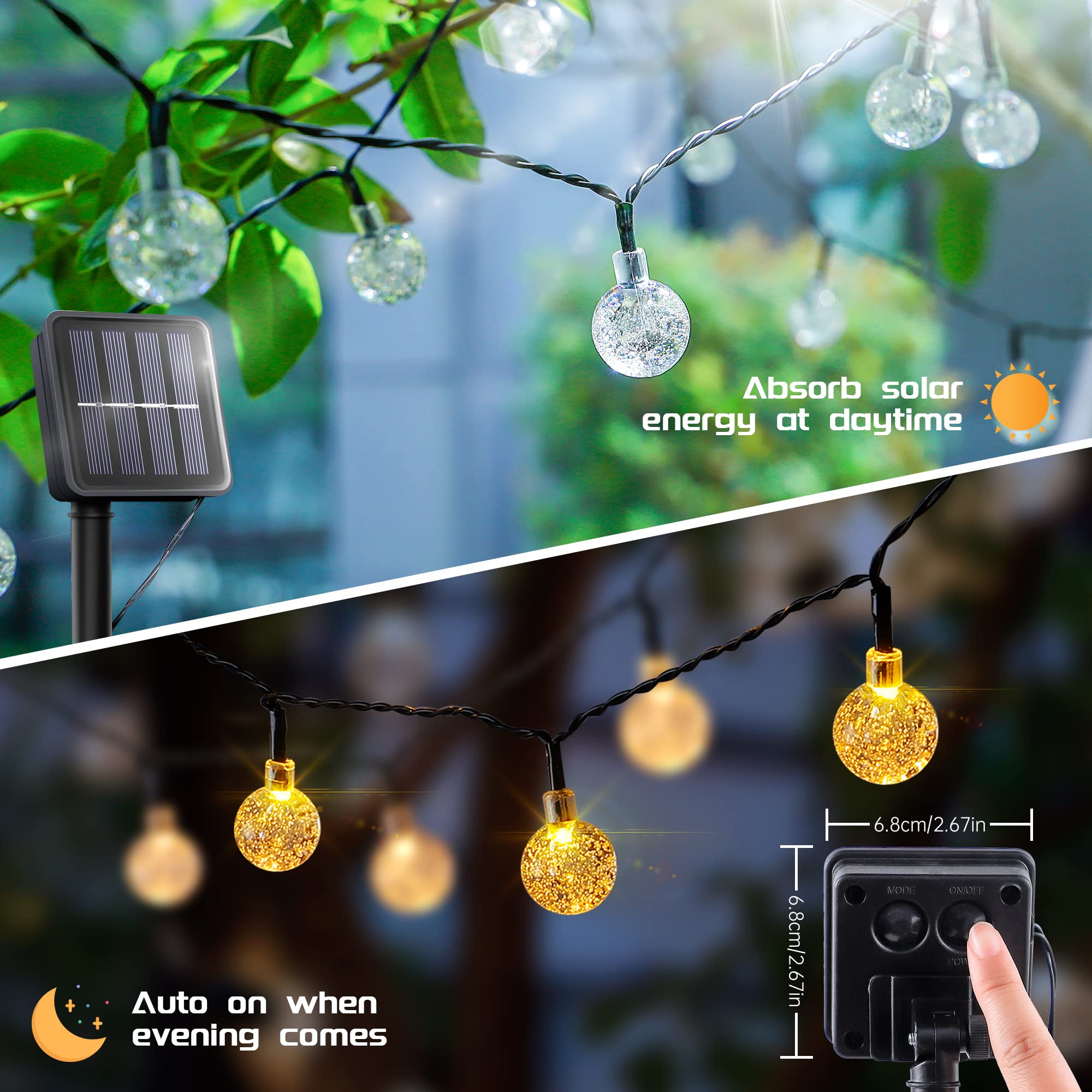 2-Pack 30 LED 20FT Solar String Lights Outdoor Waterproof - Crystal Globe Solar Powered Lights with 8 Lighting Modes for Garden, Yard, Porch, Patio, Wedding & Party Decor (Warm White) - Perfect for Backyard, Landscape Lighting and Evening Ambiance
