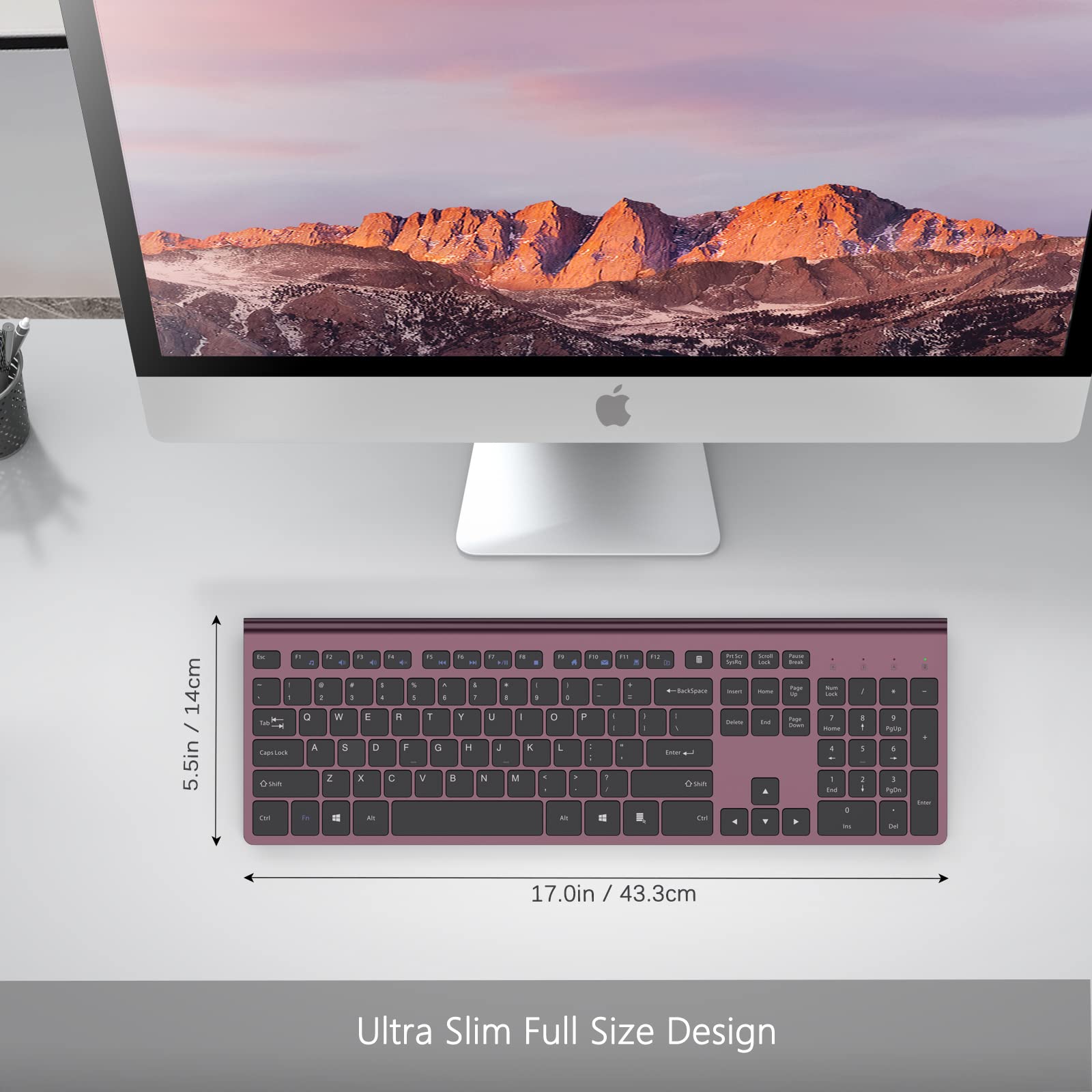Rechargeable Wireless Keyboard - Silent Full Size with Numeric Pad for PC/Laptop/TV (Wine Red) - Home & Office Use