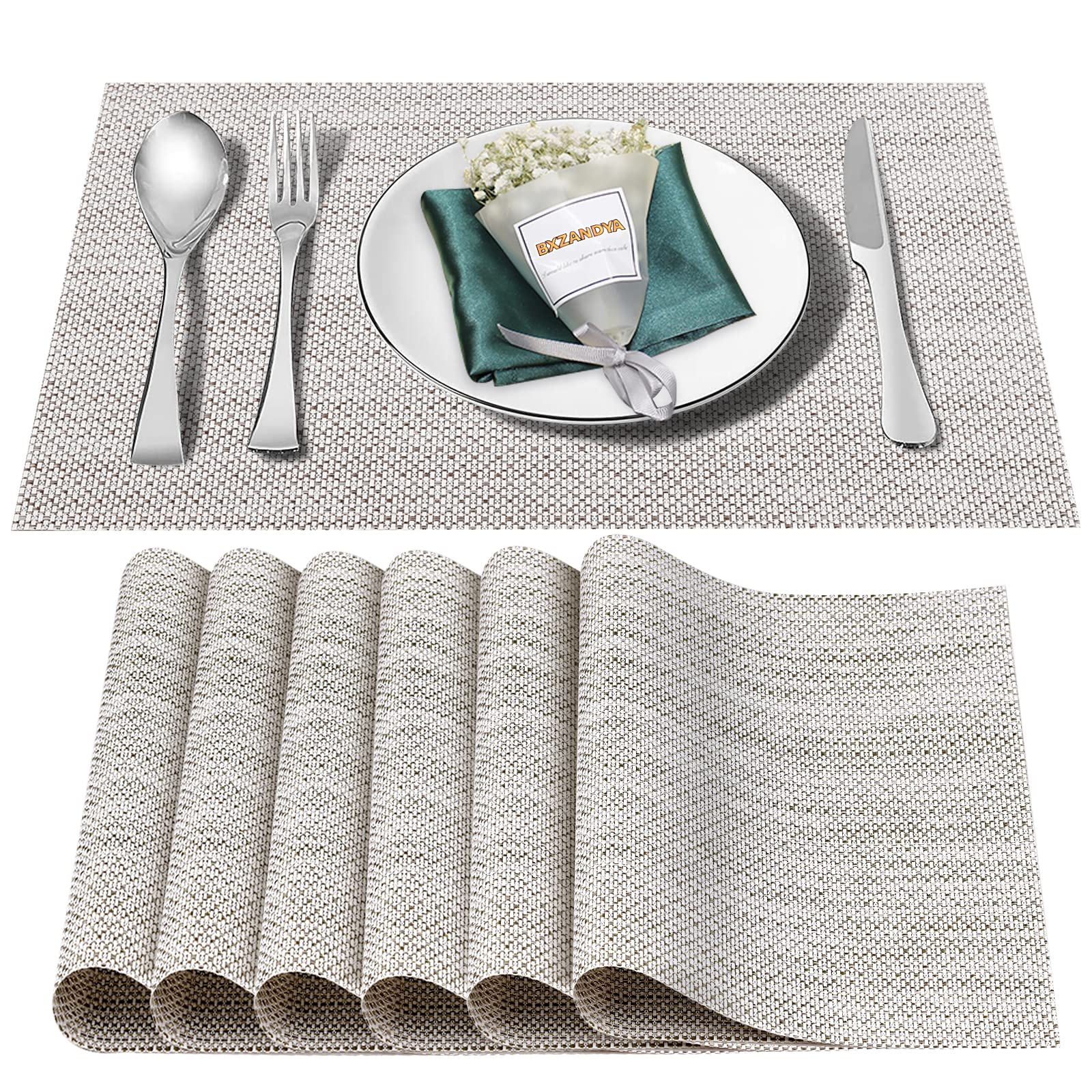 Bamboo Sushi Mat Set of 6 - Heat Resistant & Washable Vinyl Placemats for Indoor Dining & Outdoor Entertaining - Silver Woven Table Mats for Japanese Cuisine, Picnics, and Dinner Parties