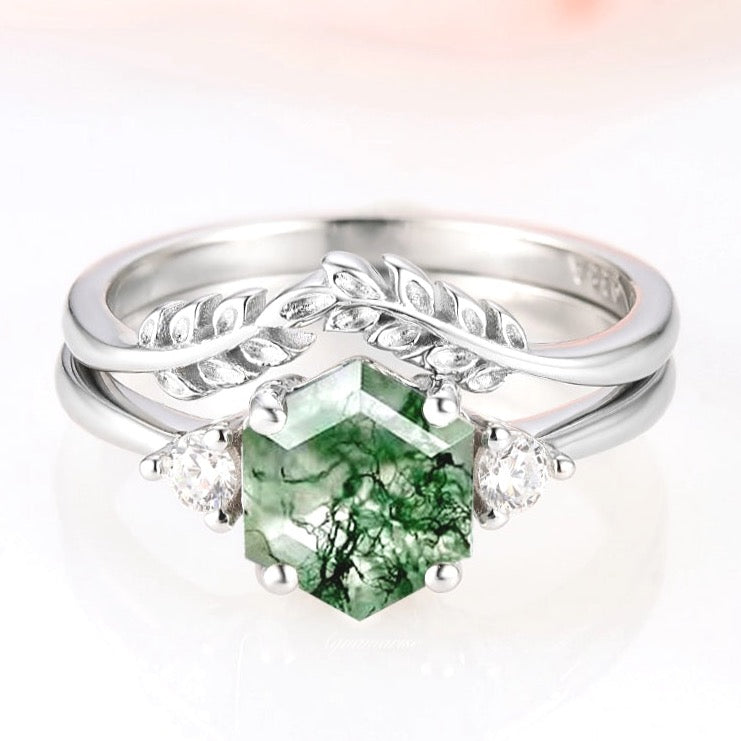 Hexagon Moss Agate Fairy Ring Set - Sterling Silver Jewelry for Women, Boho Chic Wedding Band, Nature-Inspired Gemstone Stackable Rings for Everyday Wear & Special Occasions
