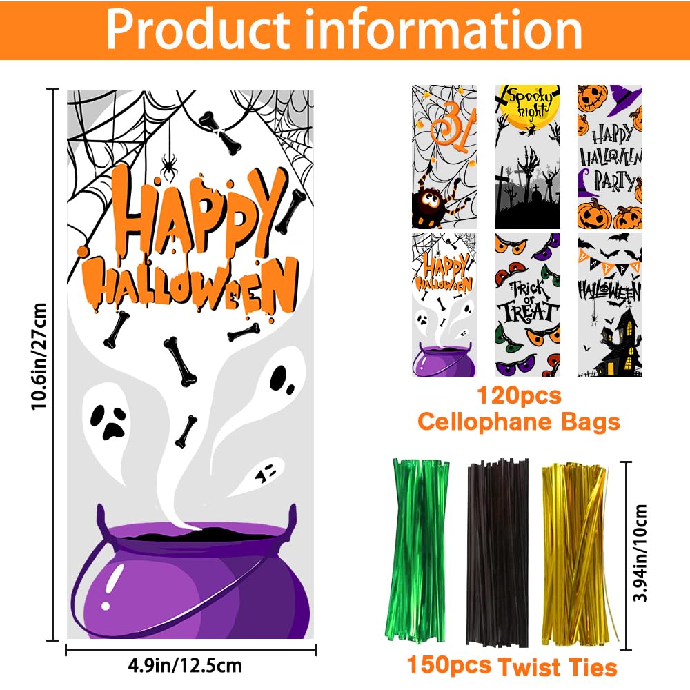 Vellibring 120 PCS Clear Halloween Treat Bags with 150 Twist Ties - Plastic Candy Bags for Trick or Treat, Party Favors, Snacks & Cookies Packing - Perfect for Halloween Parties, School Events & Gift Giving